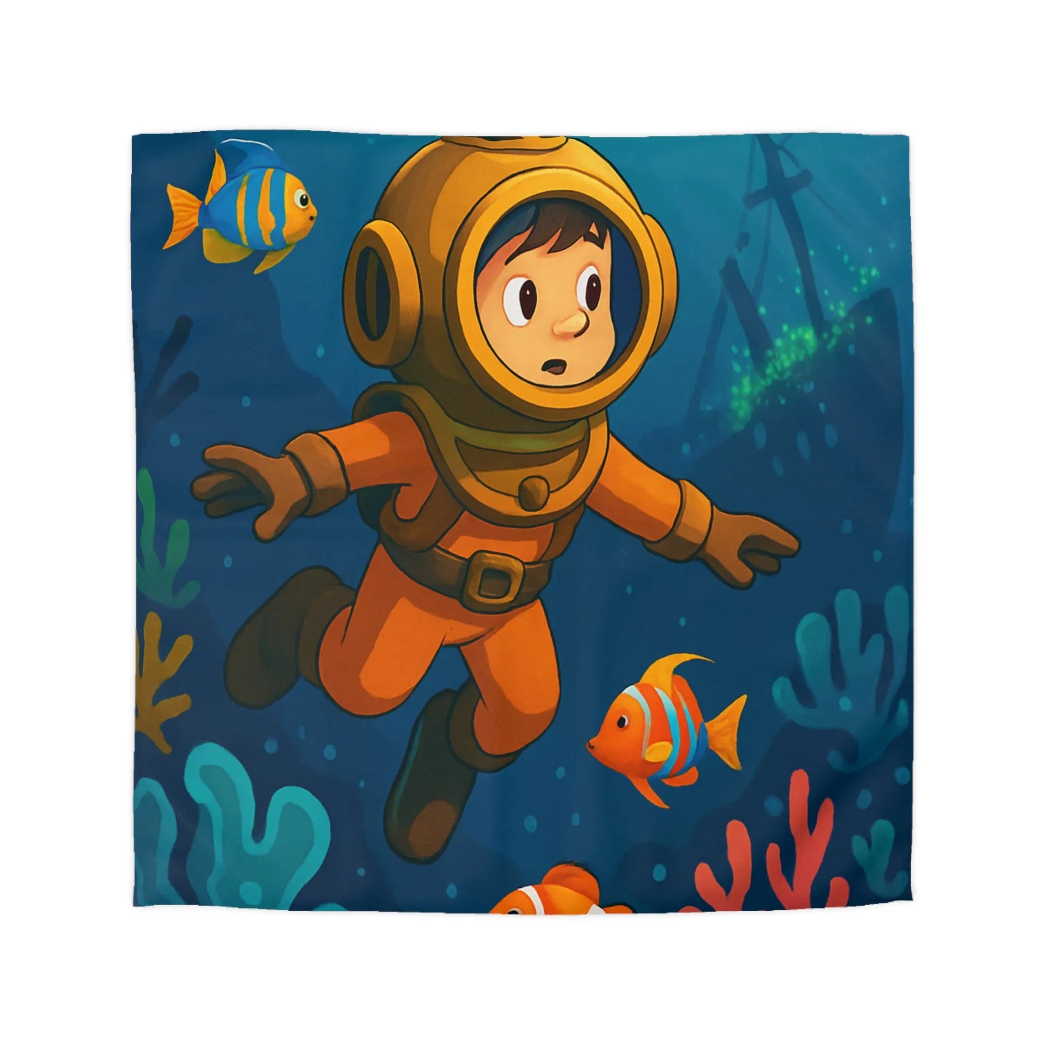 Housse de couette colorée enfant : plongeur sous-marin, poissons tropicaux et épave mystérieuse