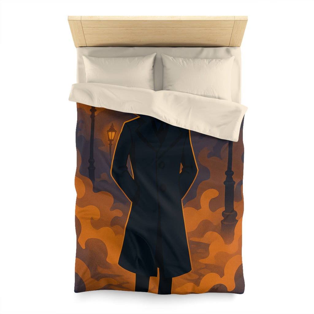 Housse de couette mystique détective en noir, décor urbain nocturne éclairé de lampadaires