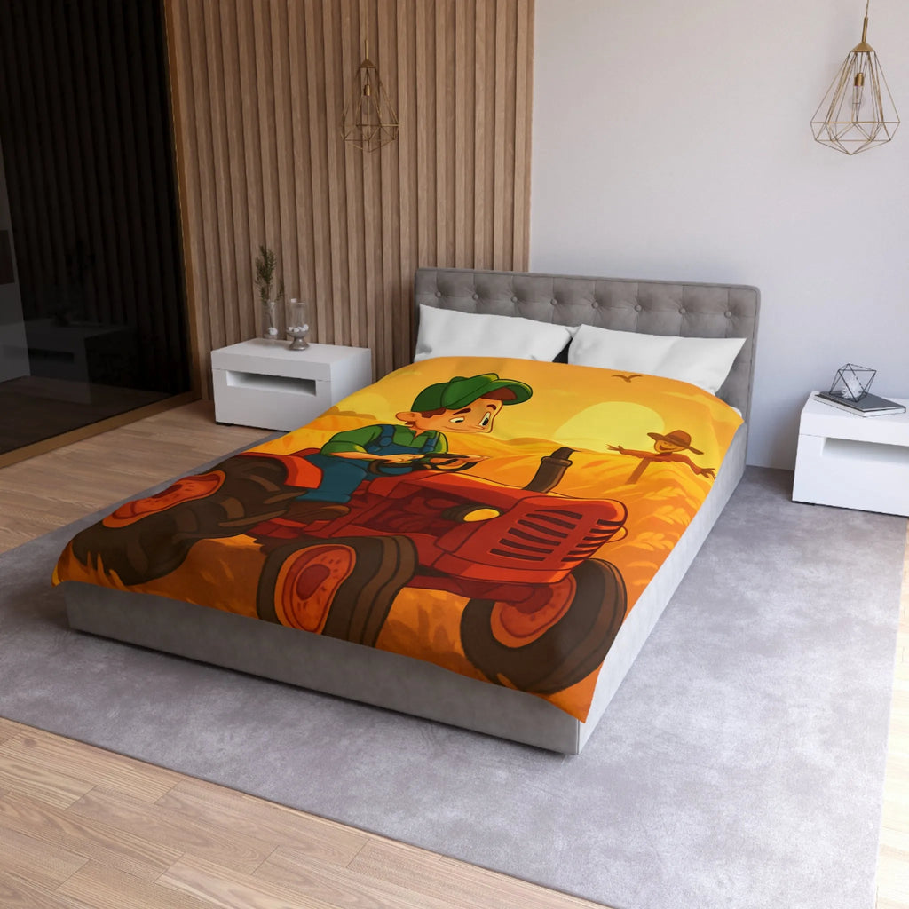 Housse de couette avec motif champêtre : tracteur, épouvantail et champ sous soleil couchant