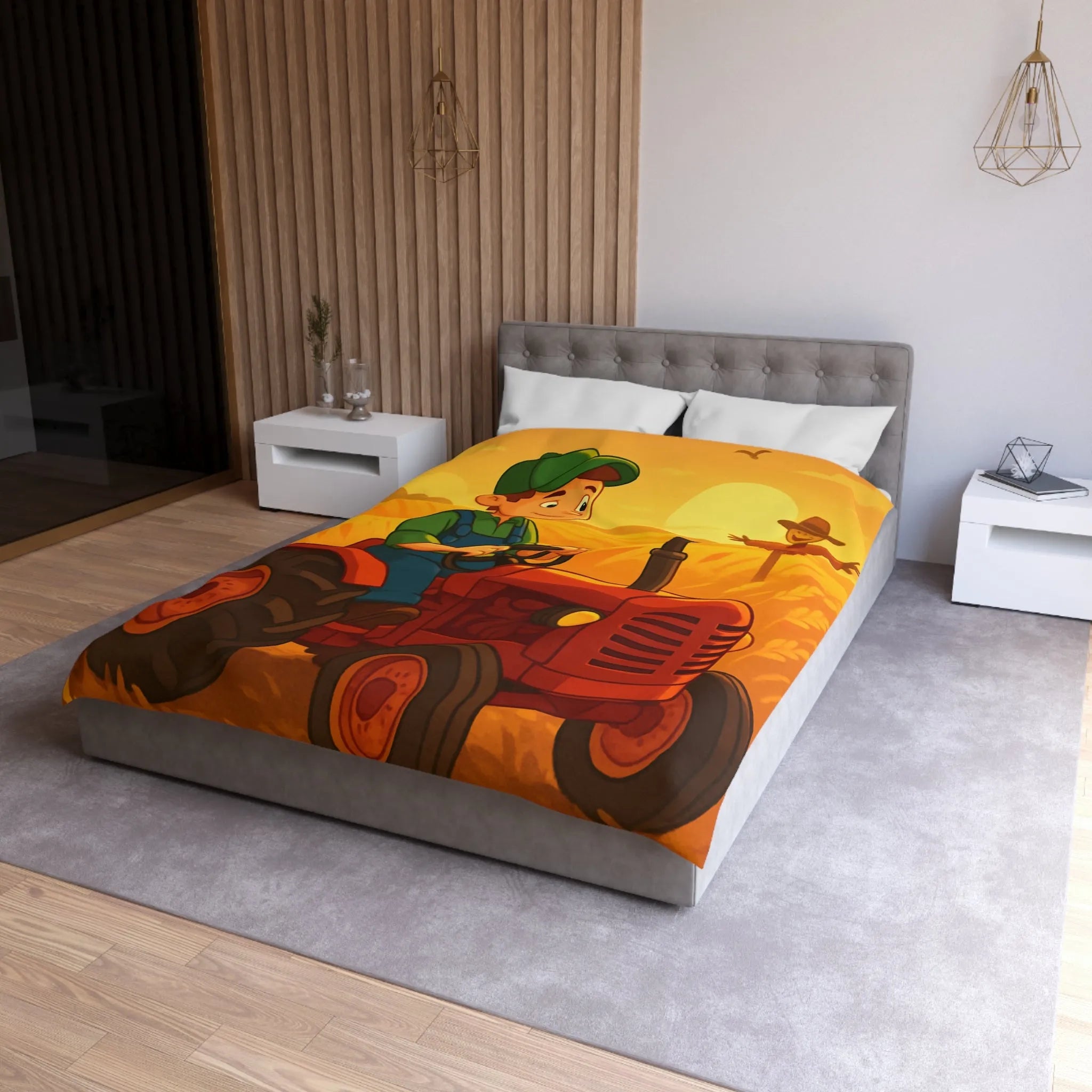 Housse de couette avec motif champêtre : tracteur, épouvantail et champ sous soleil couchant