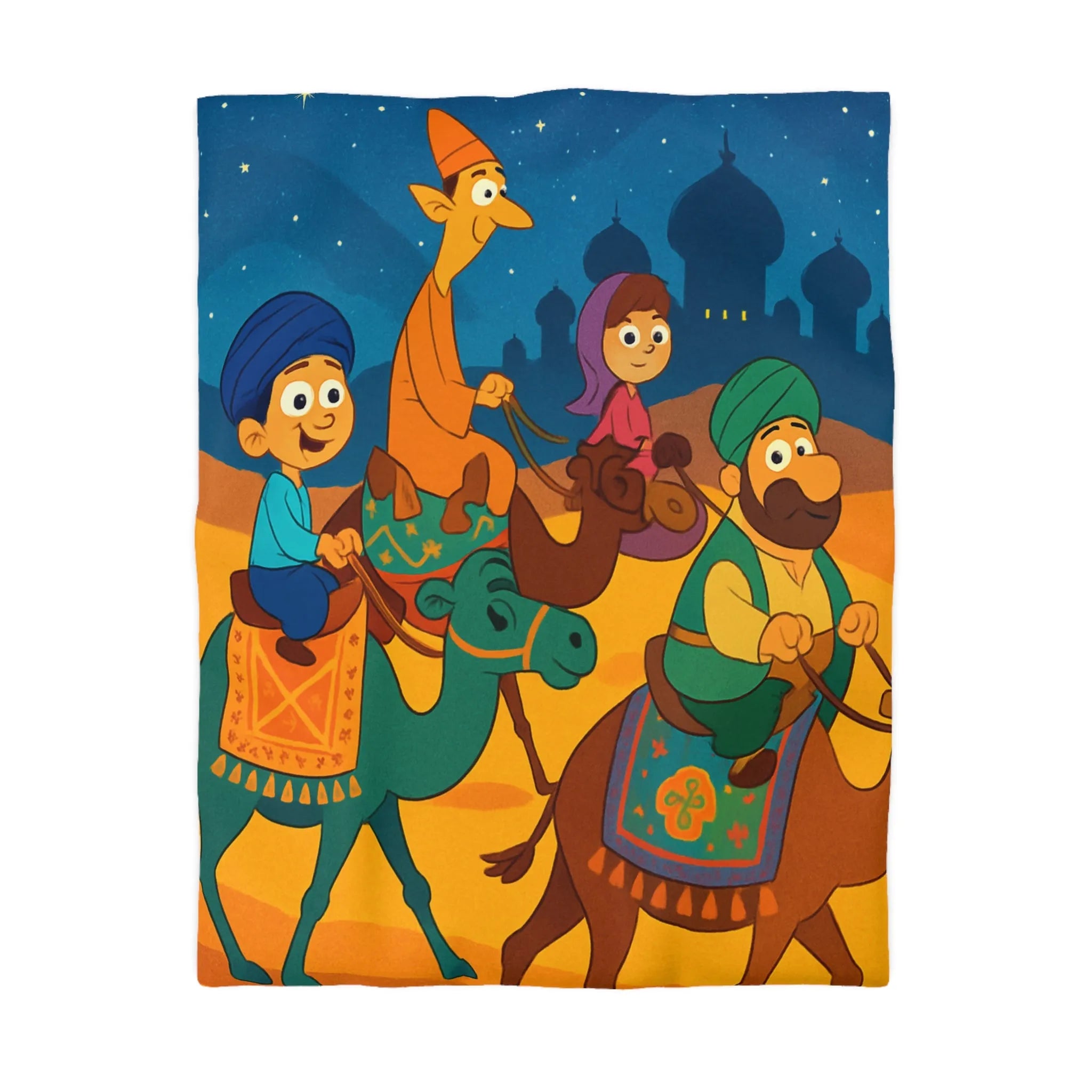 Housse de couette illustrée des enfants et chameaux sous un ciel étoilé magique