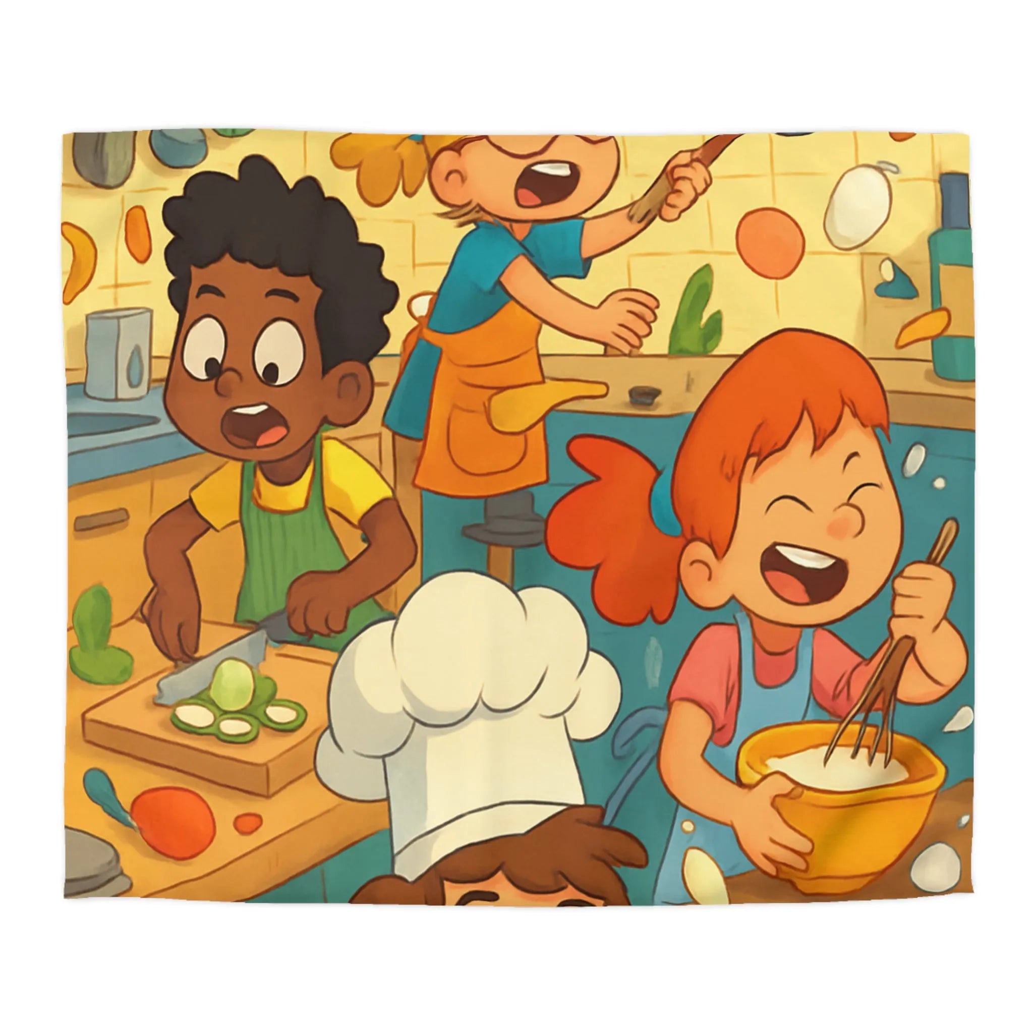 Housse de couette illustrée cuisine enfants joyeux couleurs vives spatule éclaboussures légumes