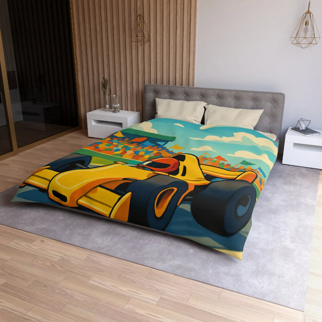 Housse de couette enfant voiture de course jaune circuit ambiance dynamique et colorée