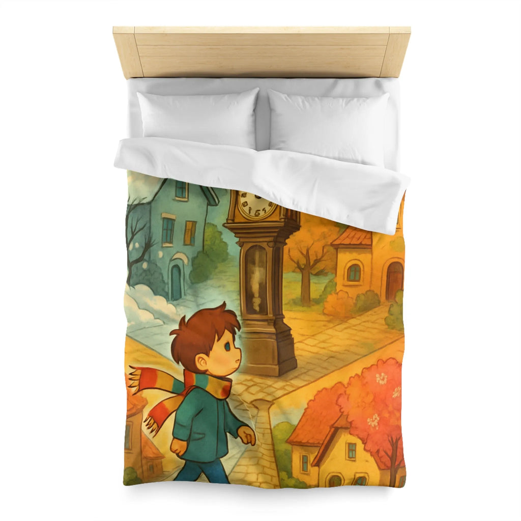 Housse de Couette Enfant Colorée avec Scène Enchanteresse de Village et Horloge Fantaisiste