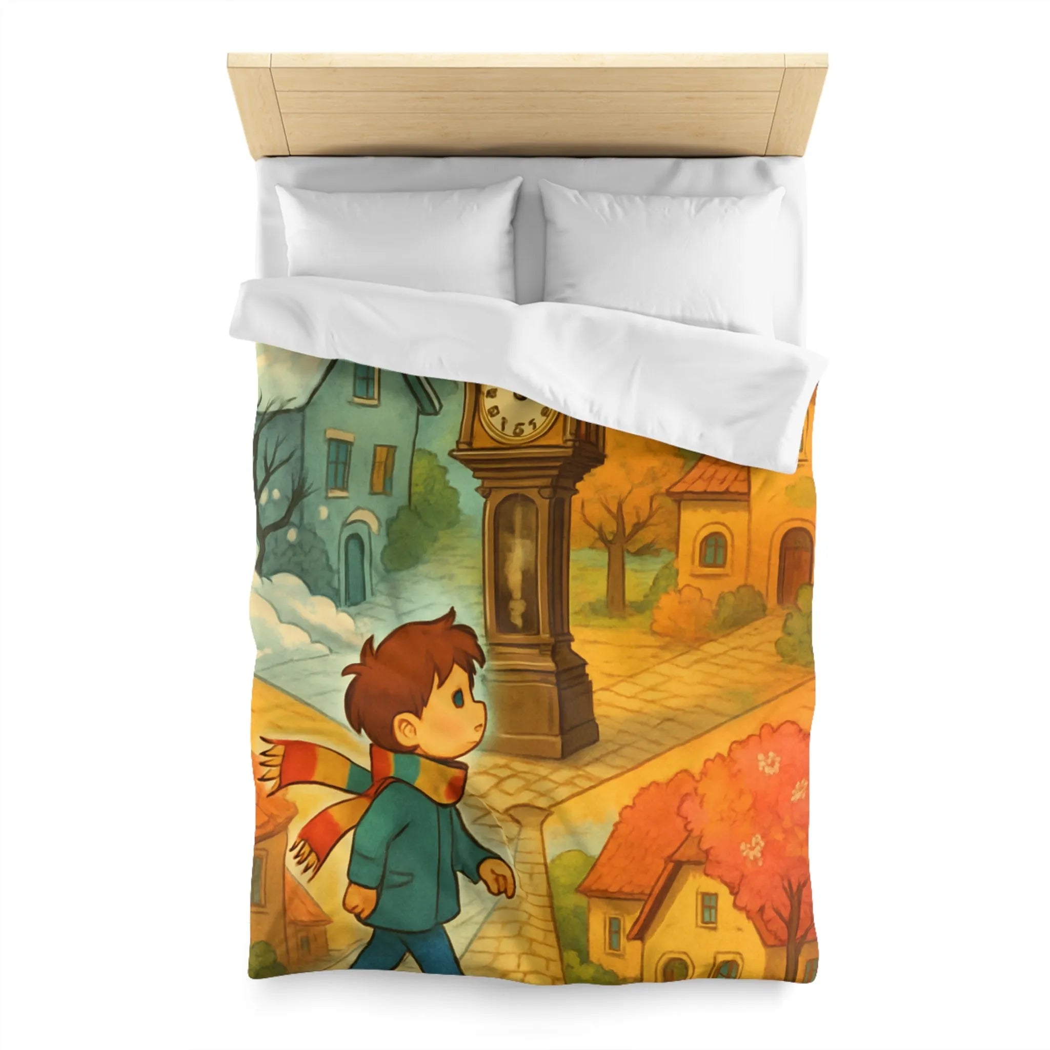 Housse de Couette Enfant Colorée avec Scène Enchanteresse de Village et Horloge Fantaisiste