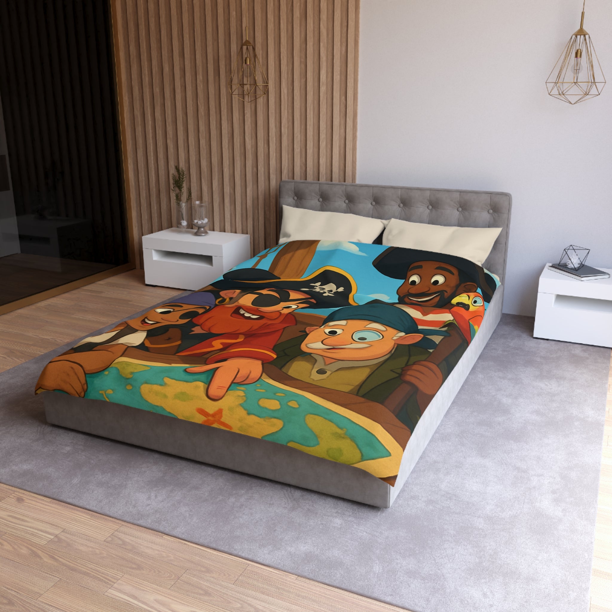 Housse de couette pirate colorée avec carte au trésor et équipage amical joyeux