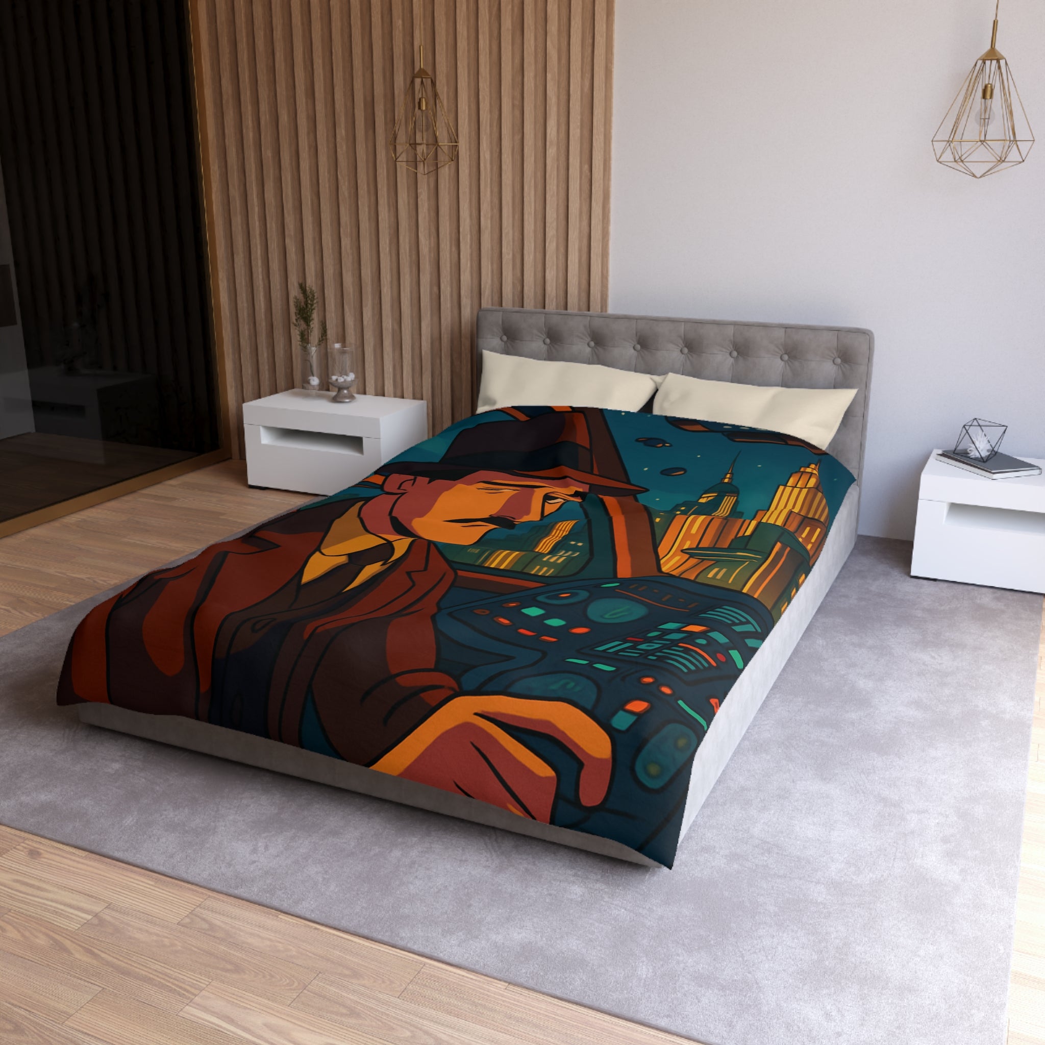 Housse de couette rétro-futuriste avec illustration de ville et pilote dans vaisseau