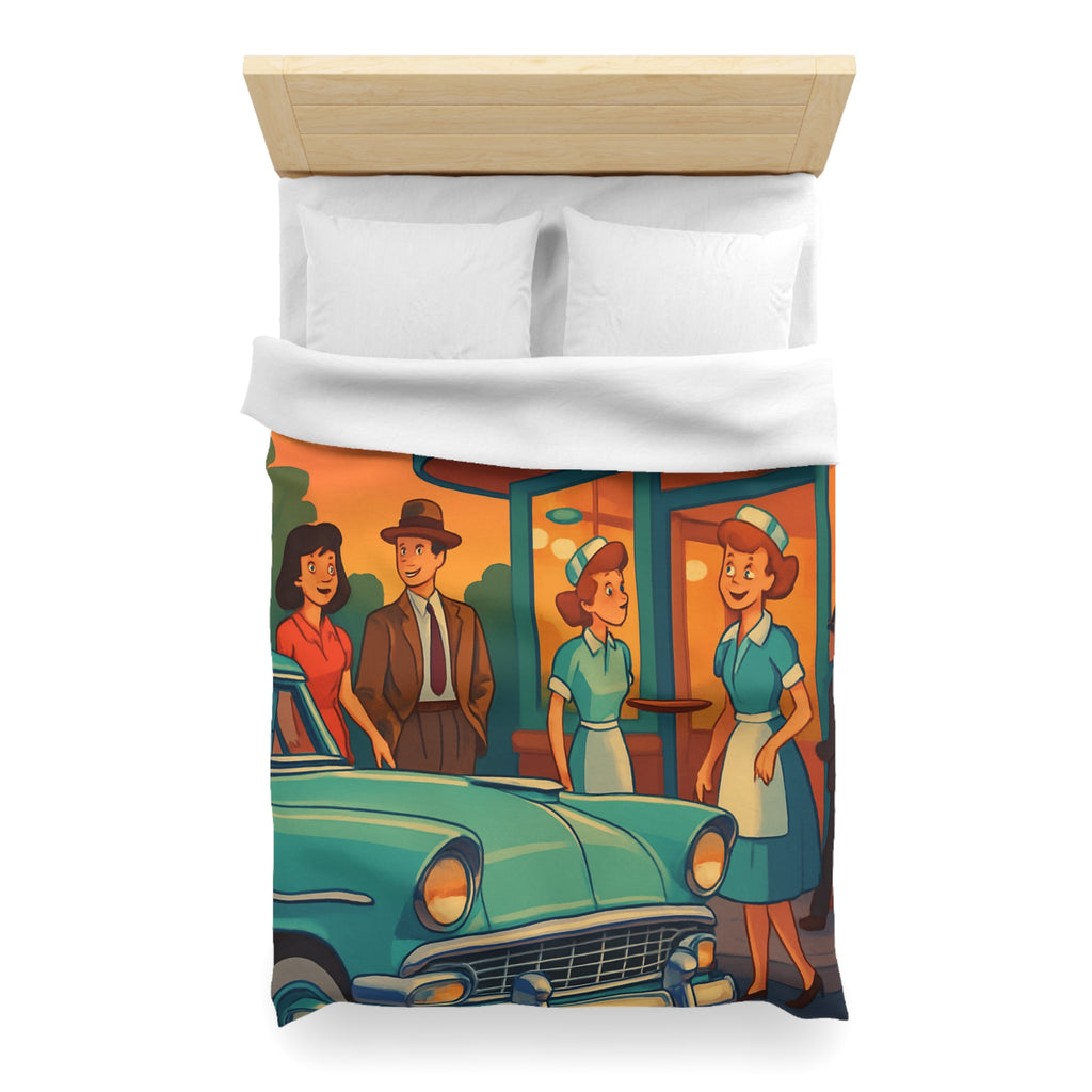 Housse de couette rétro avec illustration de café américain et voiture vintage
