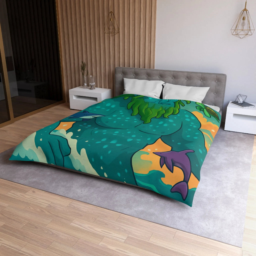 Housse de couette avec géant des mers, faune marine et ciel coloré