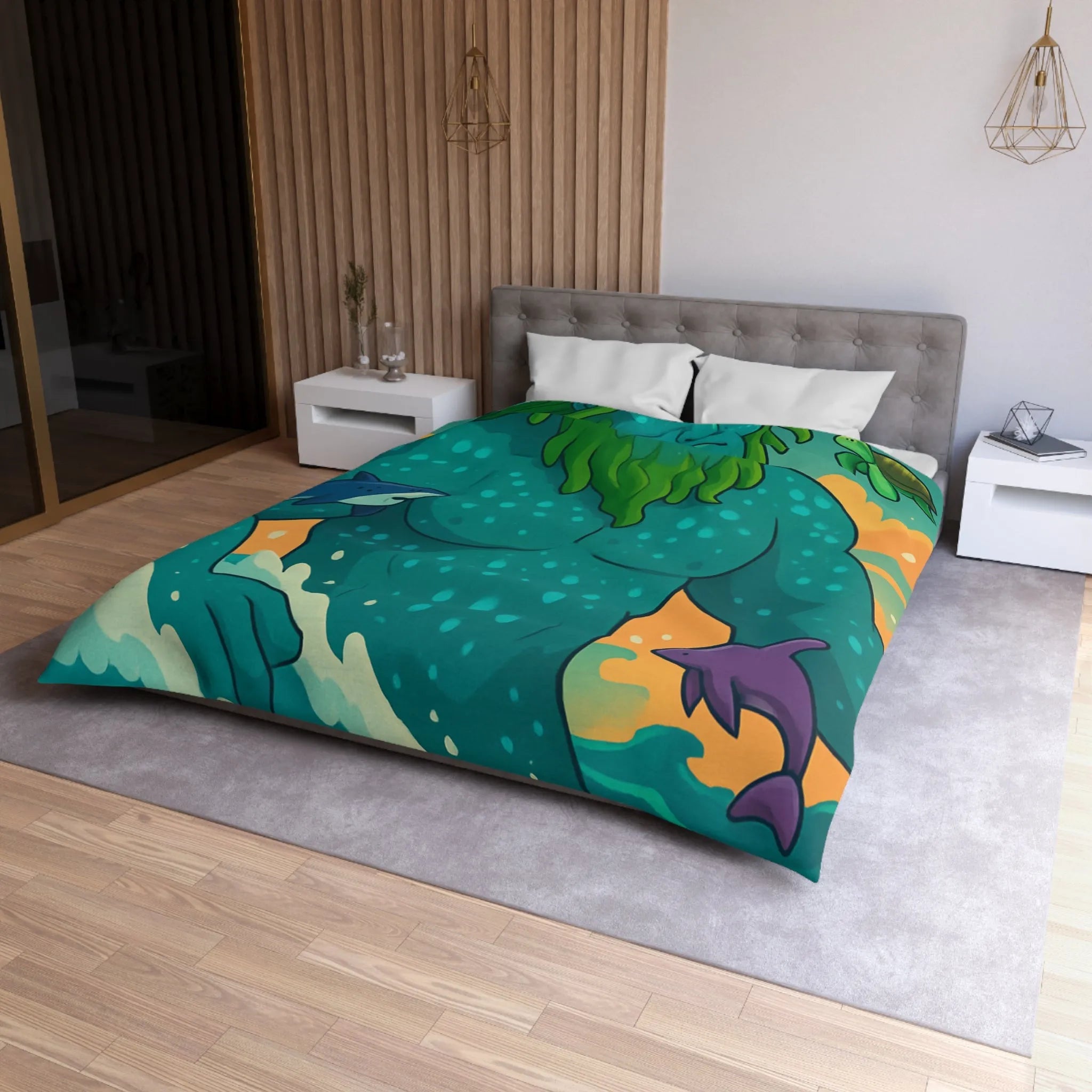 Housse de couette avec géant des mers, faune marine et ciel coloré