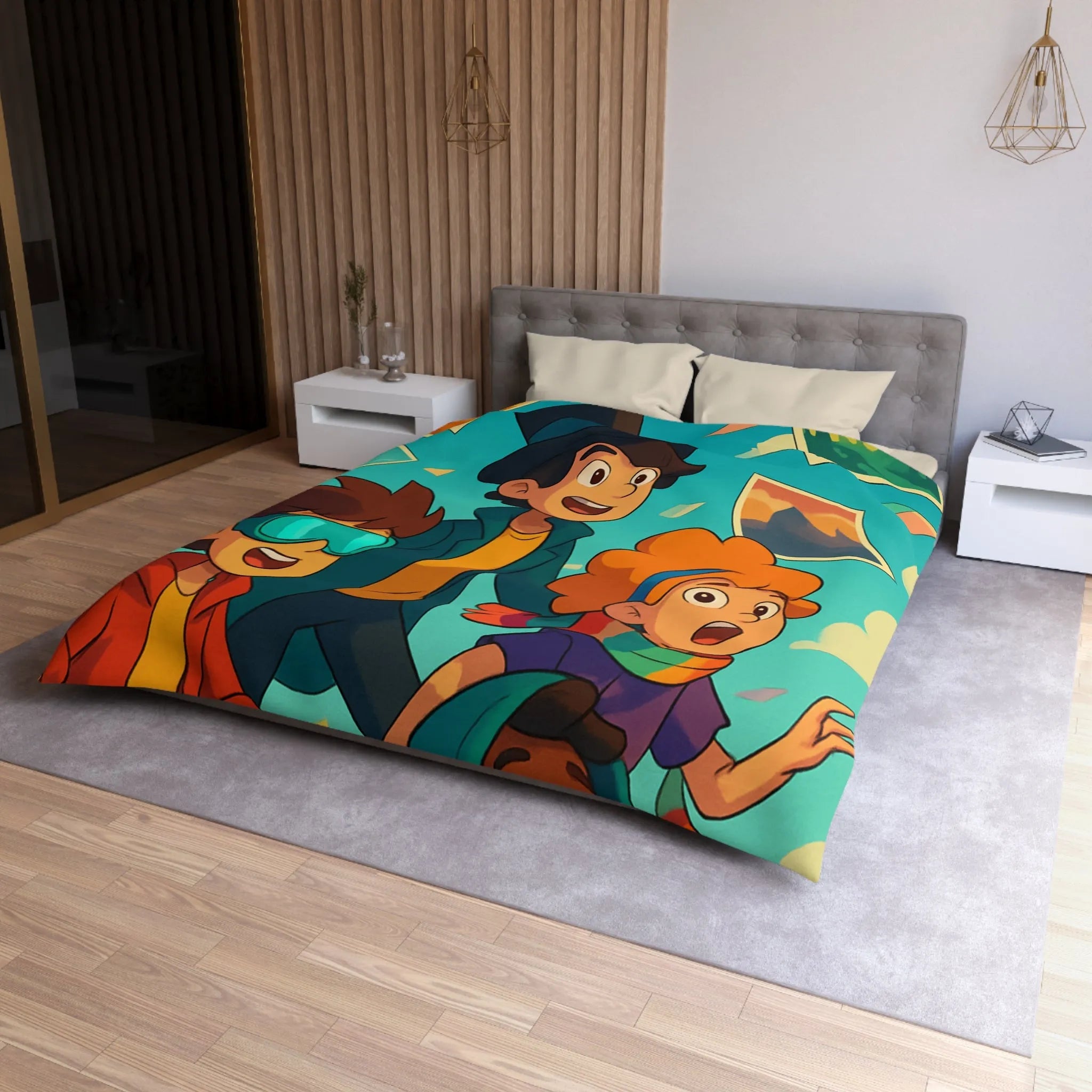 Housse de couette colorée avec enfants explorateurs et illustrations de paysages flottants