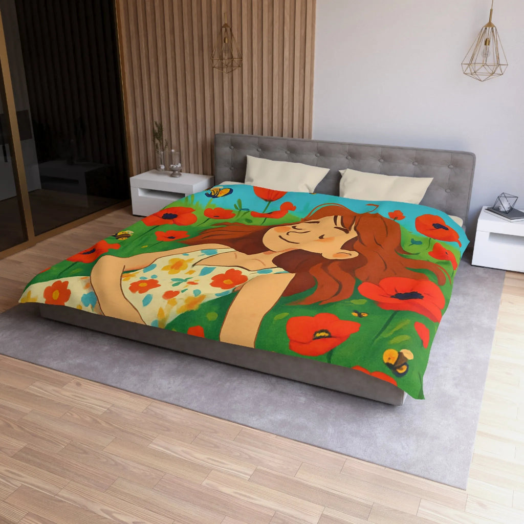 Housse de couette colorée avec motif floral et personnage rêveur en été ensoleillé