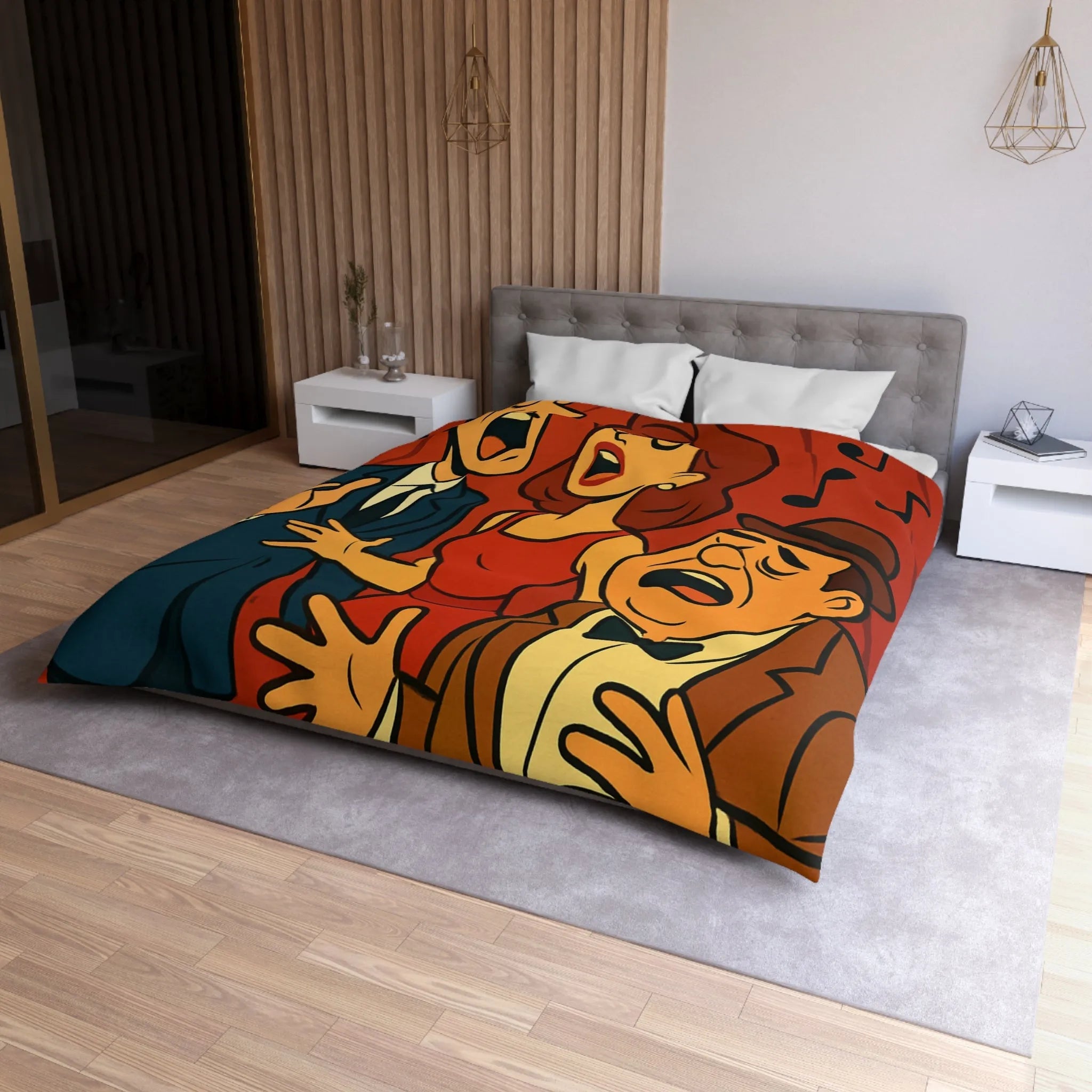 Ensemble vocal vintage animé exubérant, scène musicale rétro avec fond rouge et notes