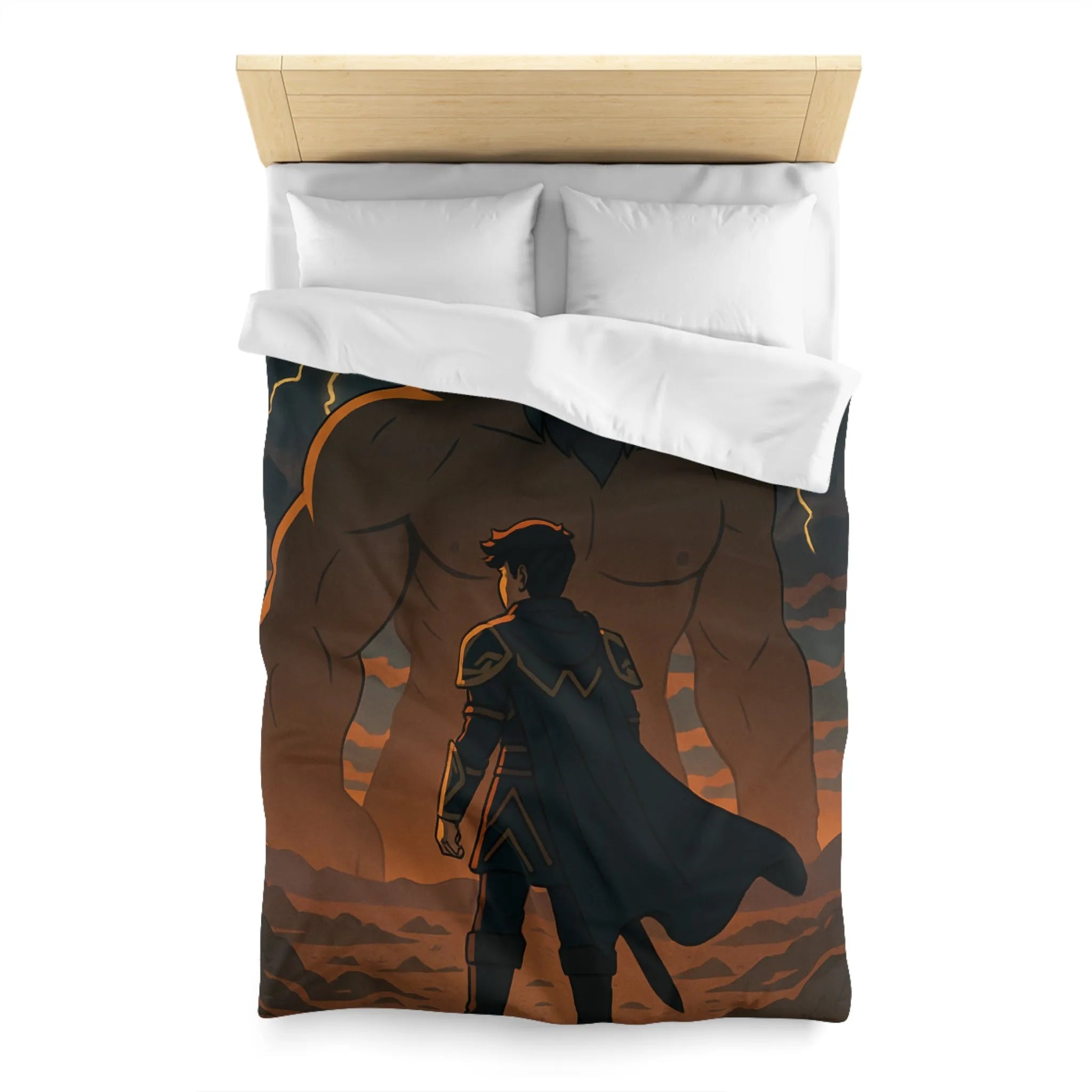 Housse de couette épique avec guerrier et géant sous orage électrique dramatique