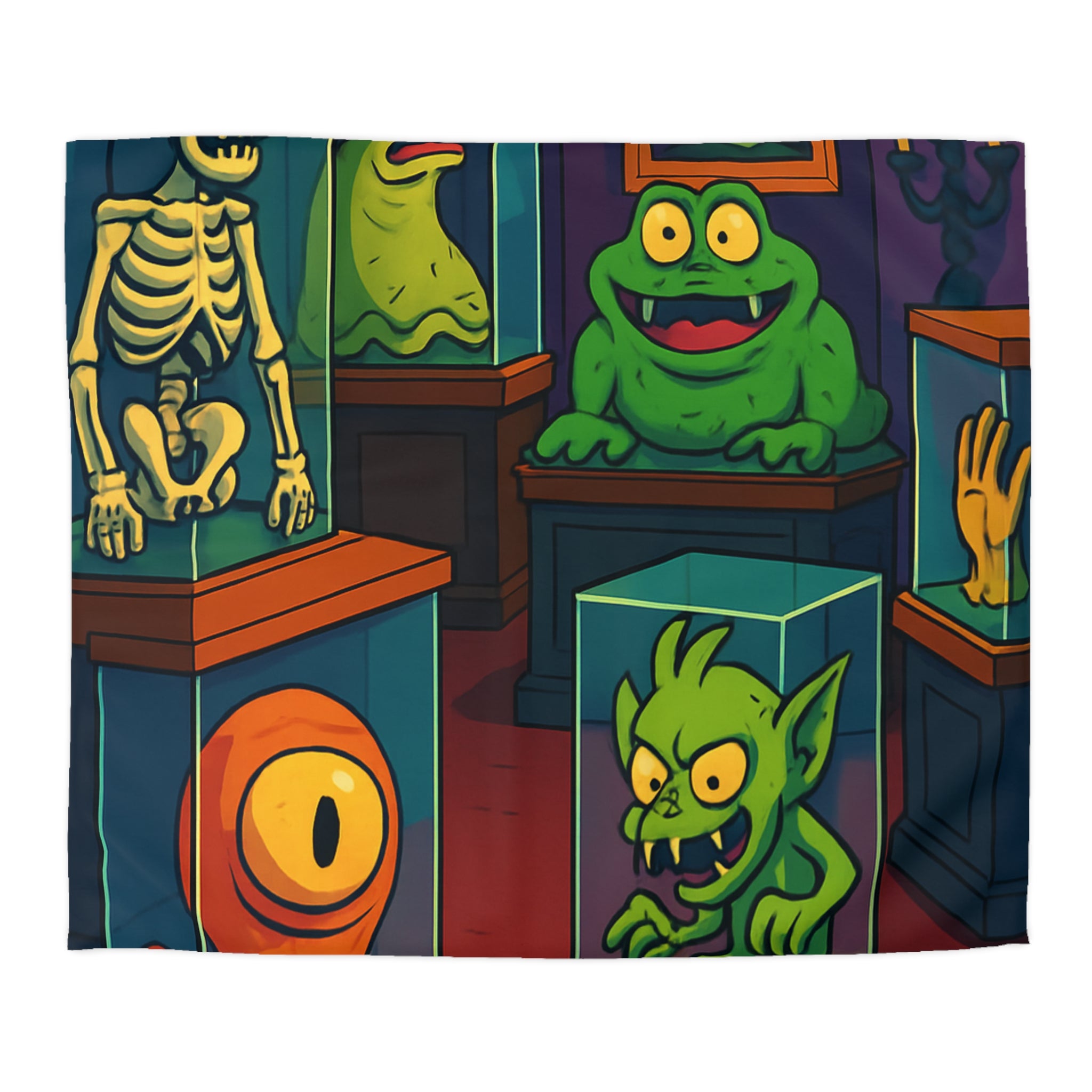 Housse de couette pour enfant avec monstres comiques dans un musée fantaisiste et coloré