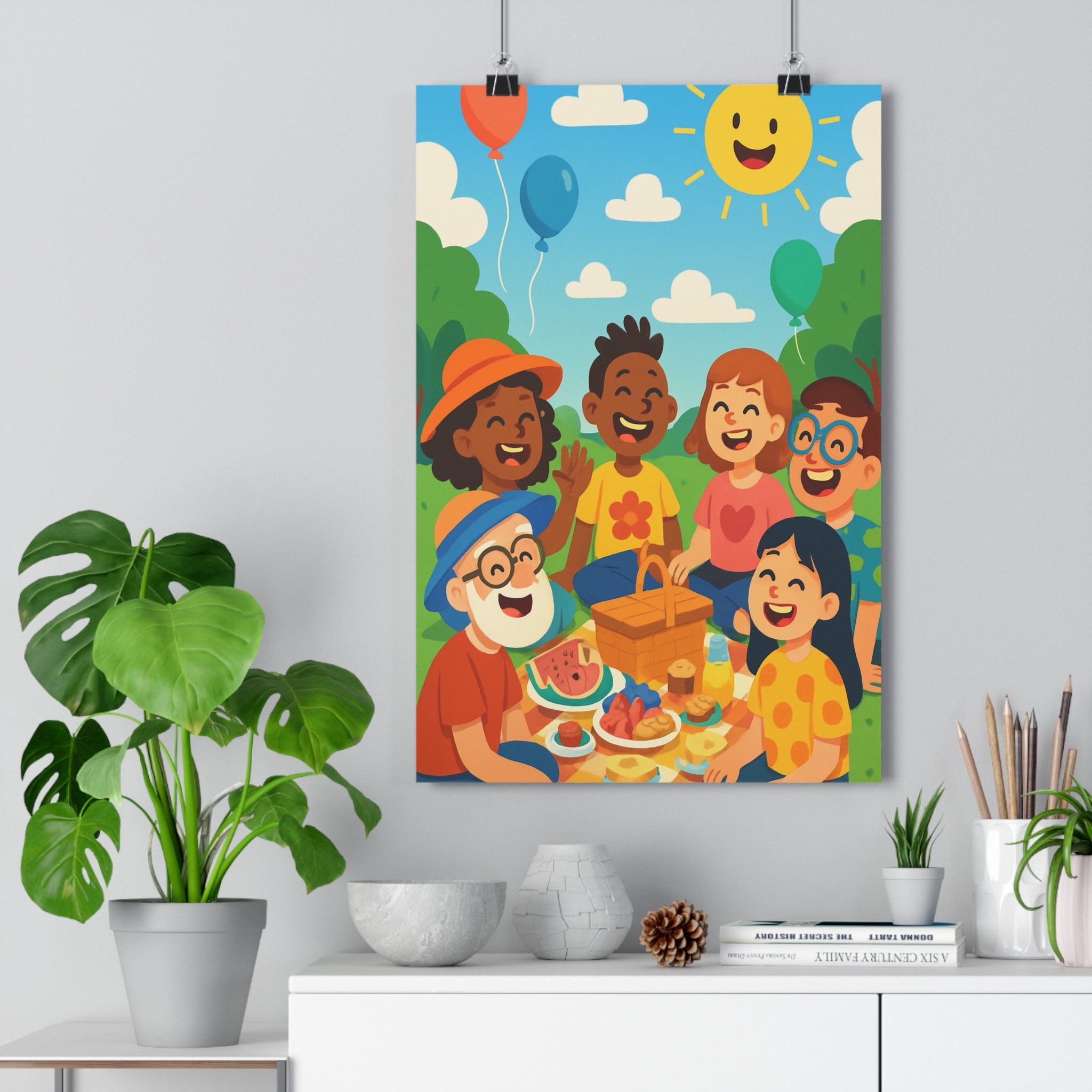 Poster décoratif dessin animé coloré joyeux chambre salon enfants amusant piquenique nature extérieur original