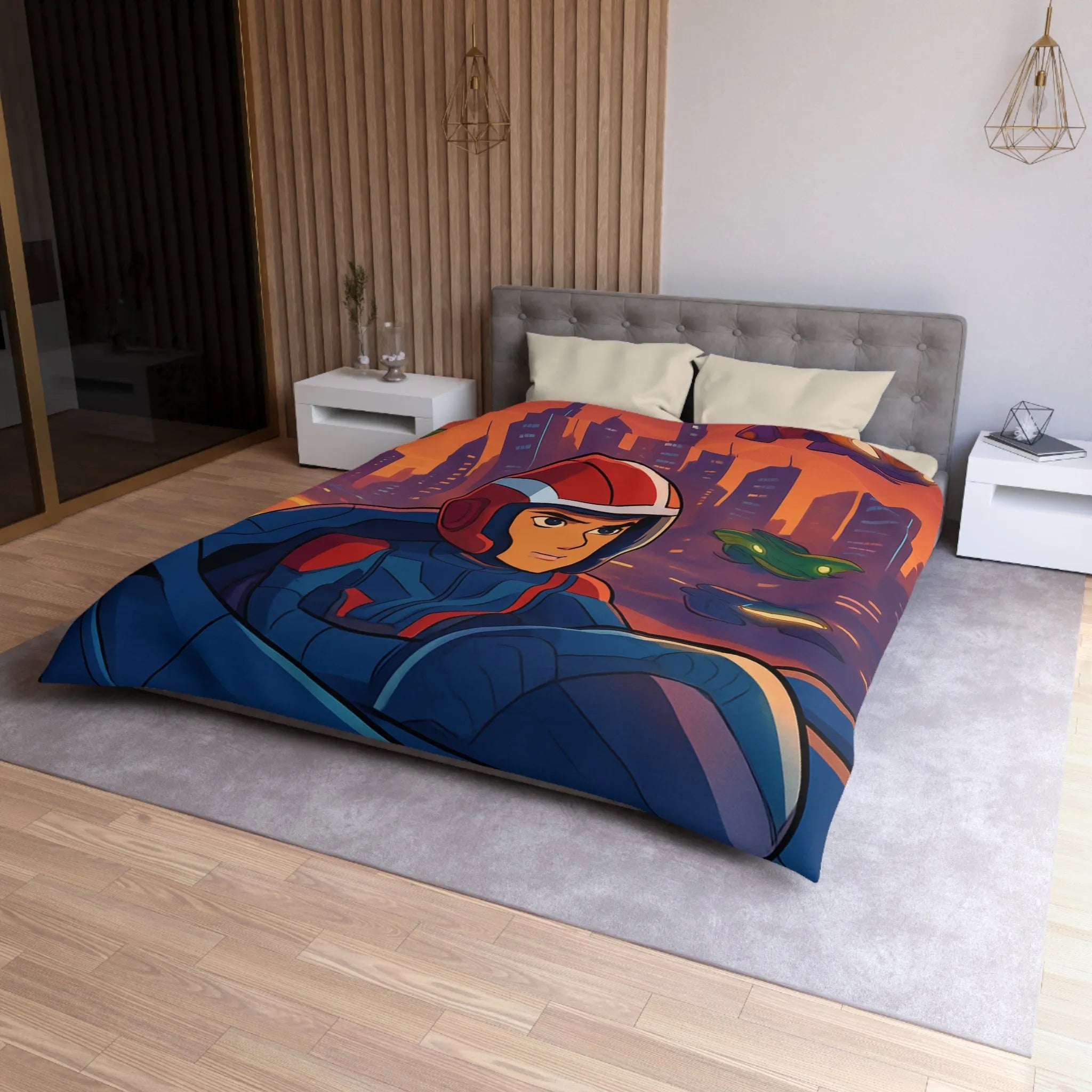 Housse de couette futuriste avec pilote de course et voitures volantes en ville