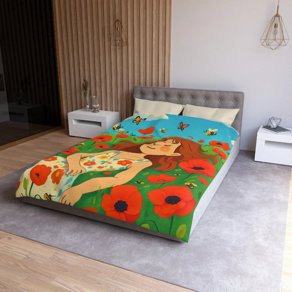 Housse de couette colorée avec motif floral et personnage rêveur en été ensoleillé