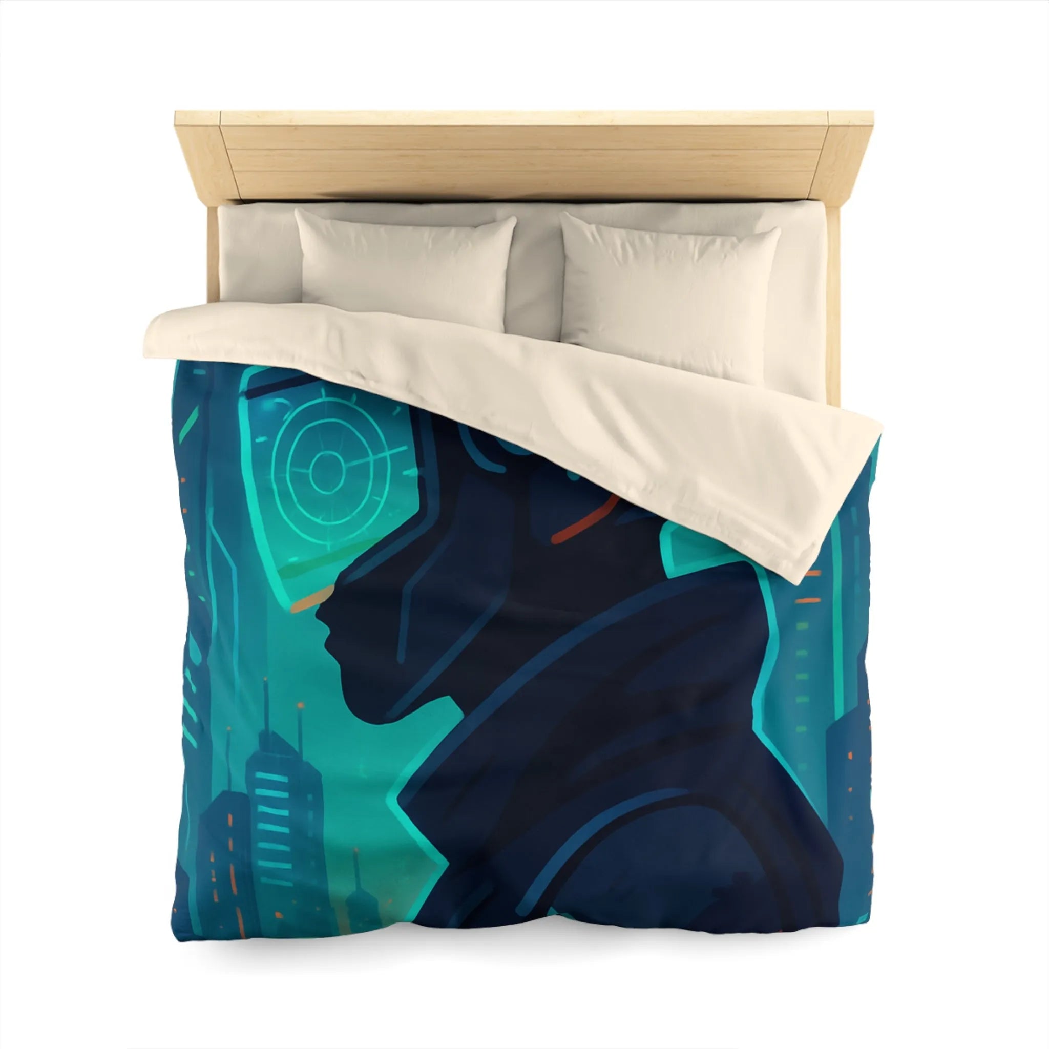 Housse de couette futuriste avec casque de réalité virtuelle et gratte-ciels lumineux