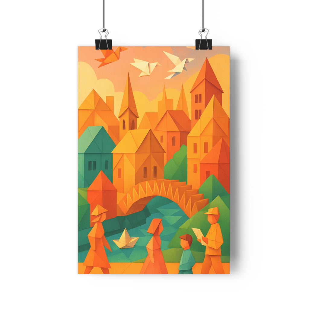Poster décoratif urbanisme origami orange bleu vert futuriste salon chambre ambiance créative moderne qualité