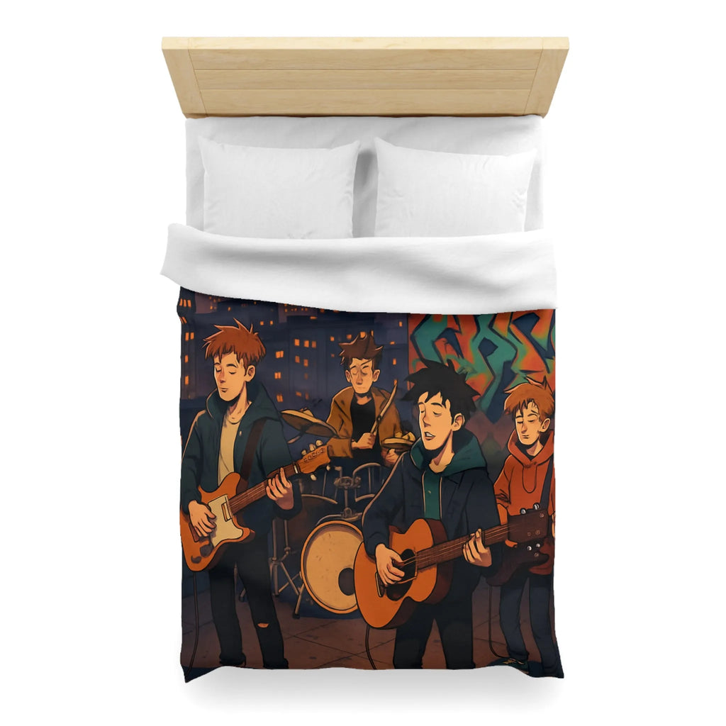 Housse de couette avec illustration de groupe jouant sur toit urbain au crépuscule