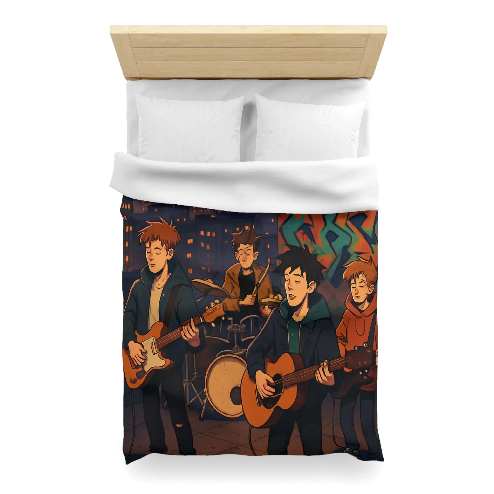 Housse de couette avec illustration de groupe jouant sur toit urbain au crépuscule