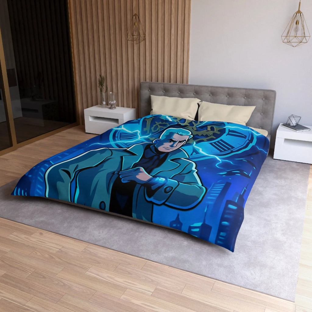 Housse de Couette Inspiration Futuriste avec Horloge Éclair et Personnage Mystérieux en Manteau