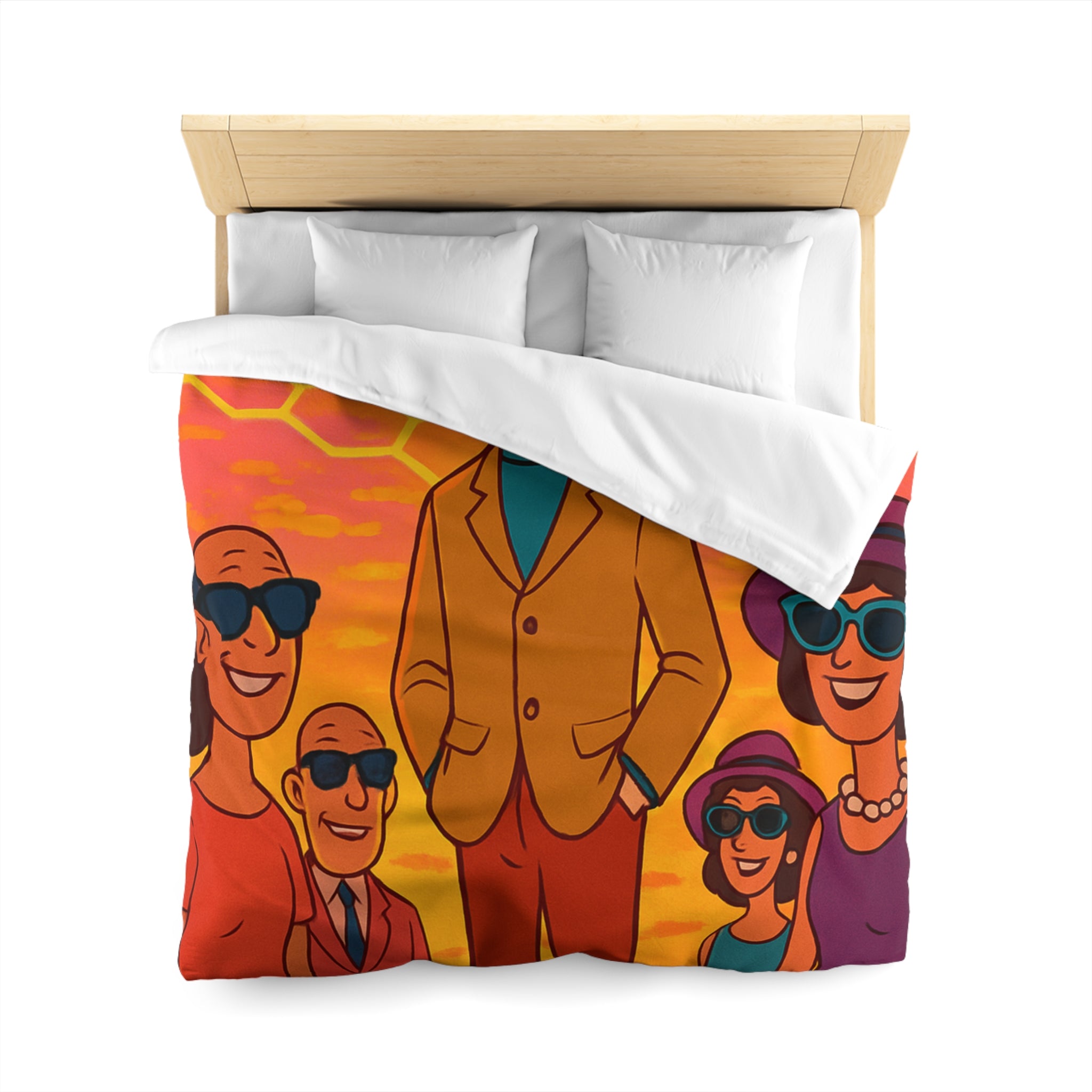 Motifs colorés hexagonaux vibrant avec personnages stylisés dans un paysage ensoleillé unique