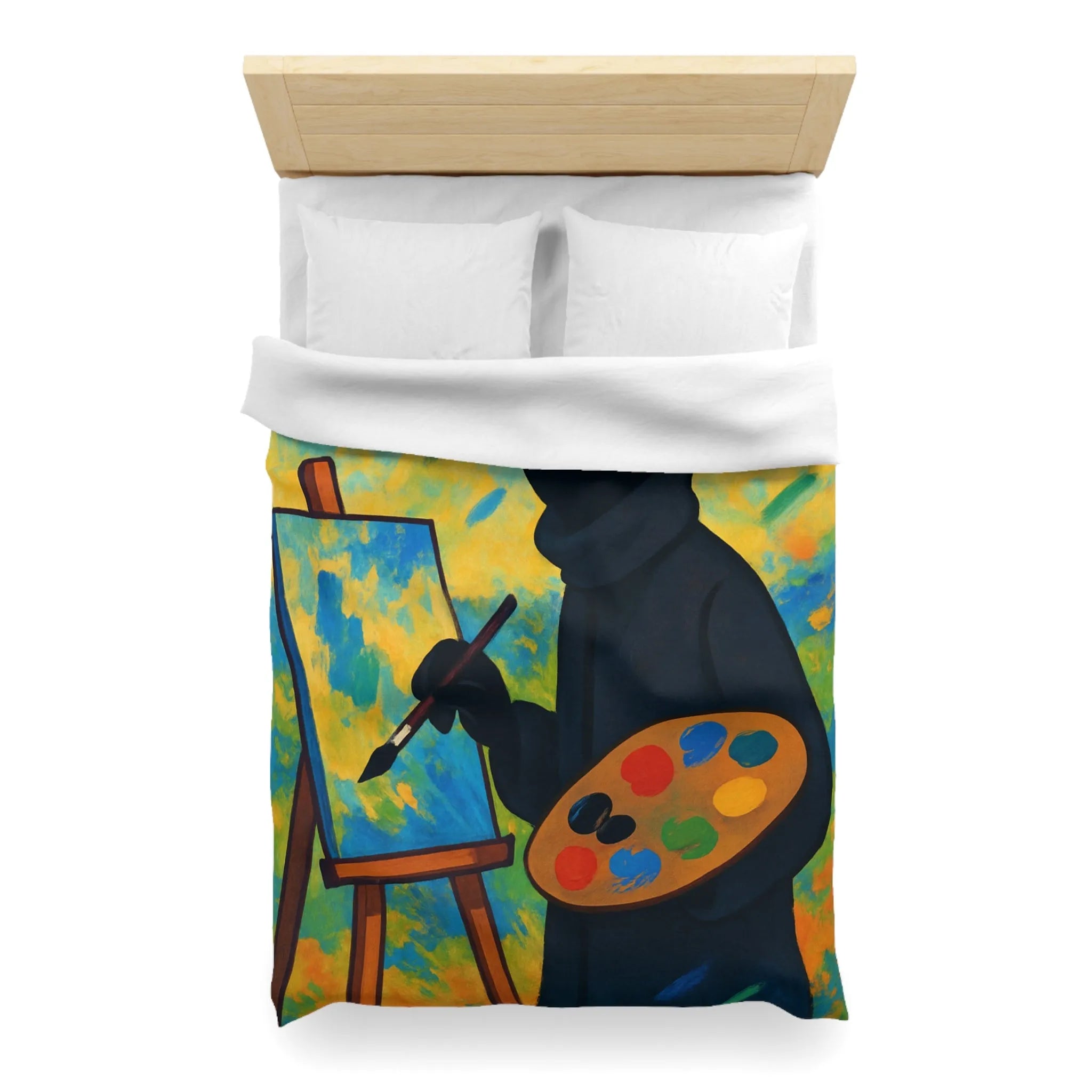 Housse de couette artiste mystérieux avec palette et paysage abstrait coloré