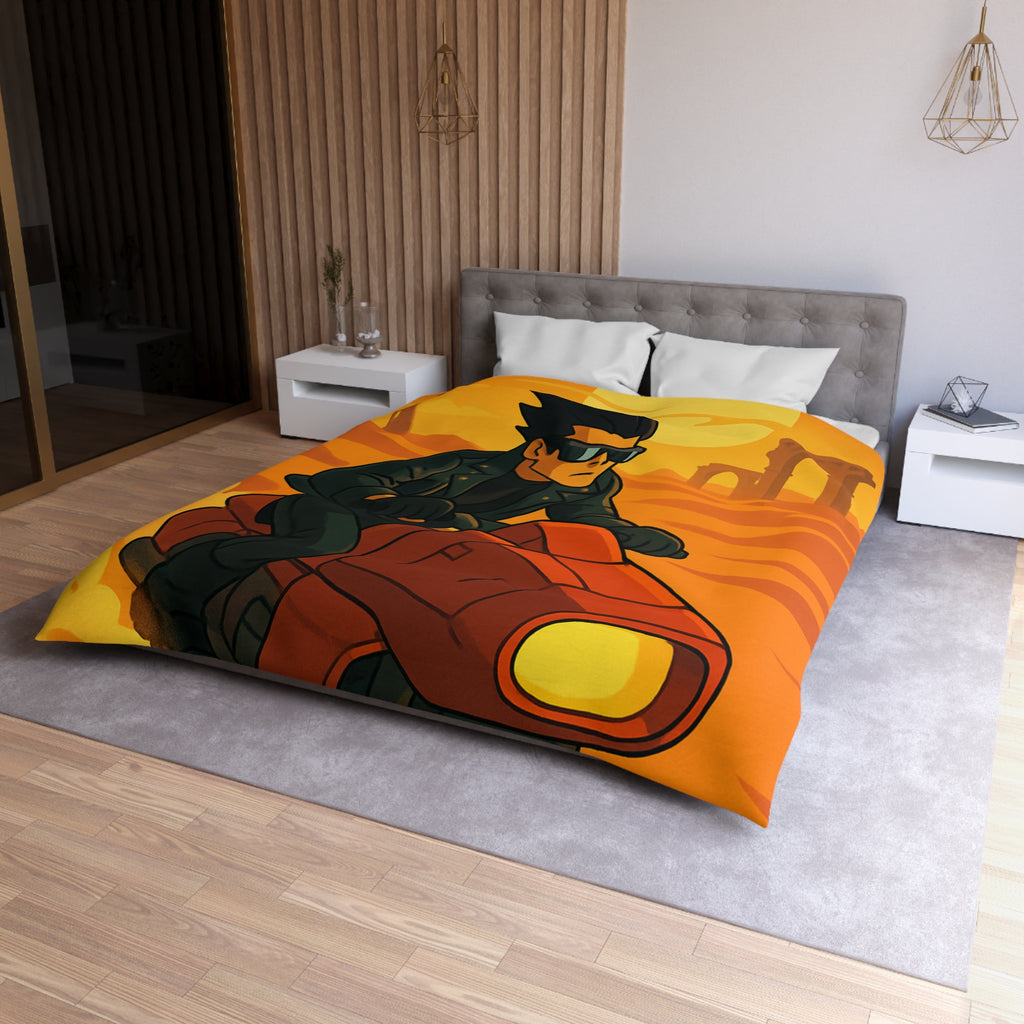 Housse de couette moto futuriste sur désert orangé avec soleil couchant et ruines