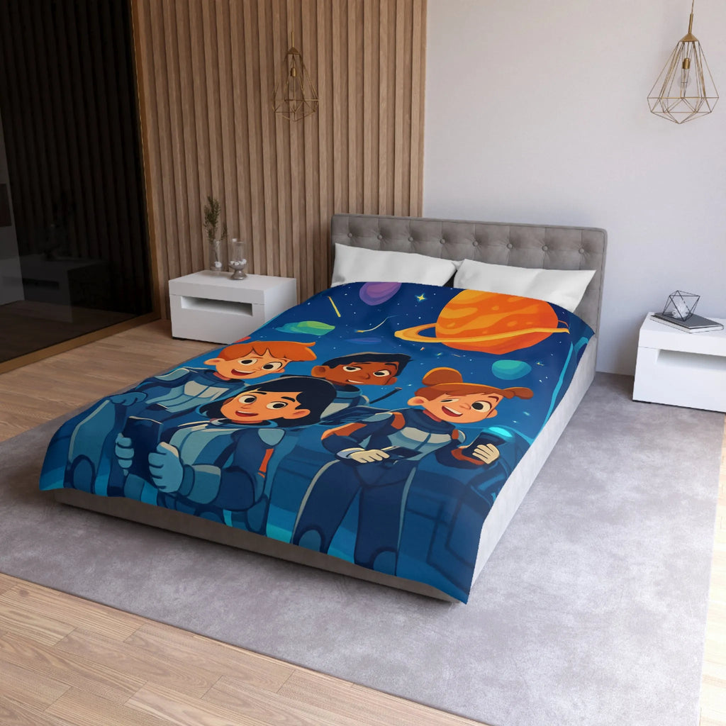 Housse de couette enfant en exploration spatiale avec planètes colorées et jeunes astronautes