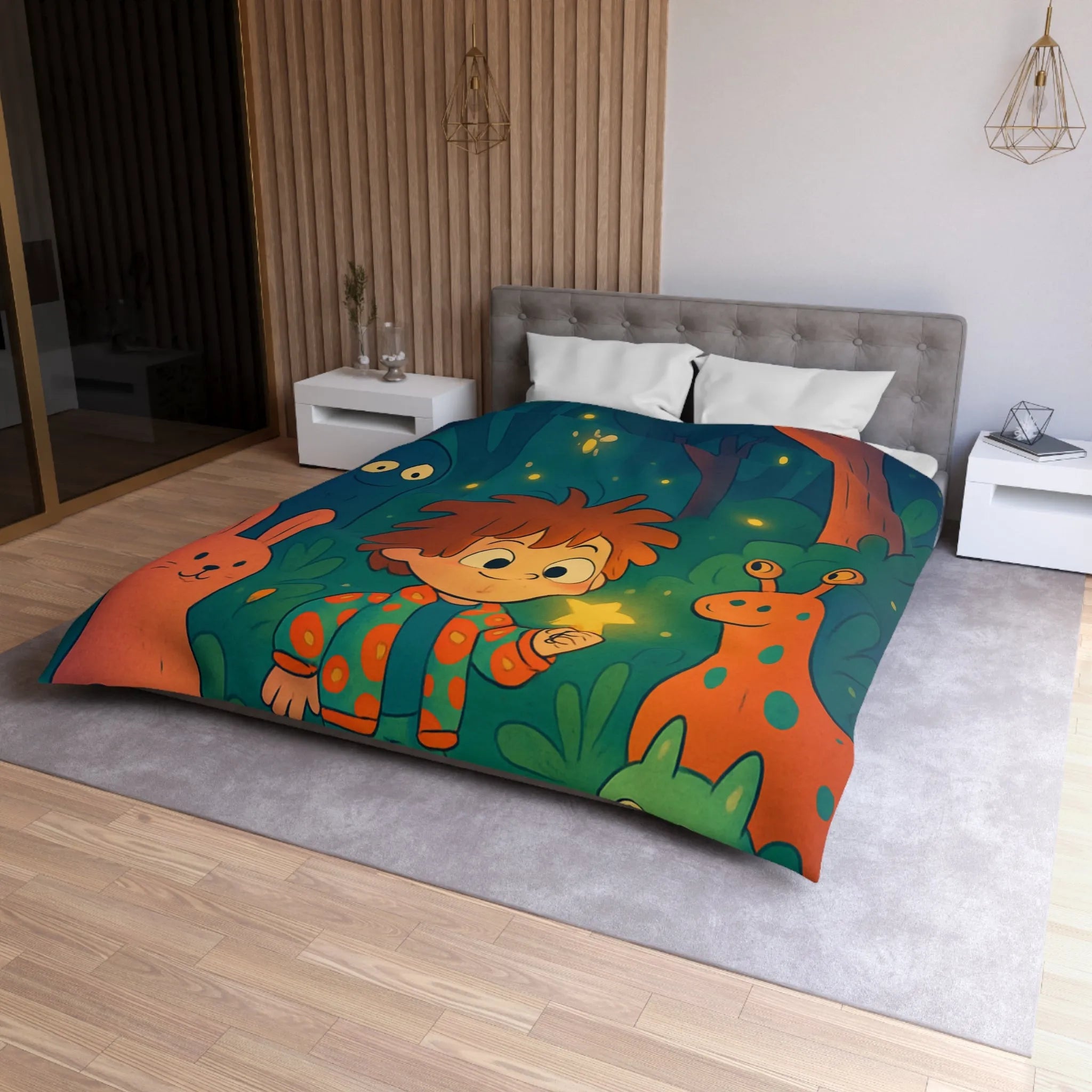 Housse de couette colorée forêt enchantée dessin animé, enfants et animaux magiques