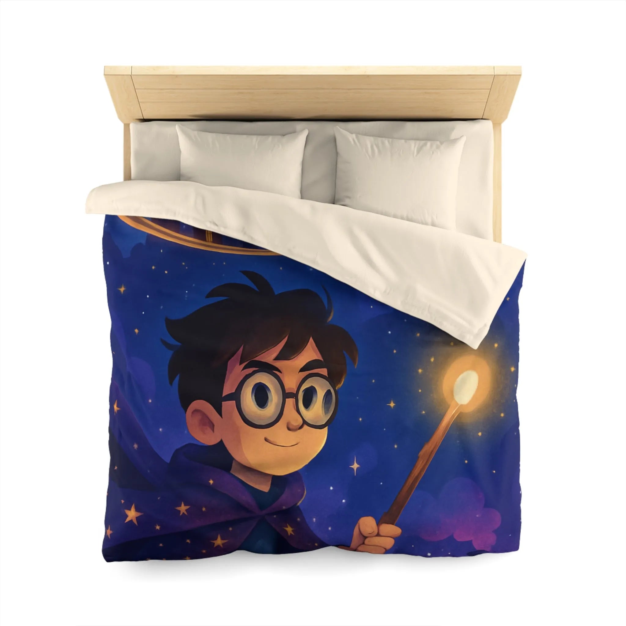 Housse de couette magique bleu nuit avec château, hibou et train enchanté