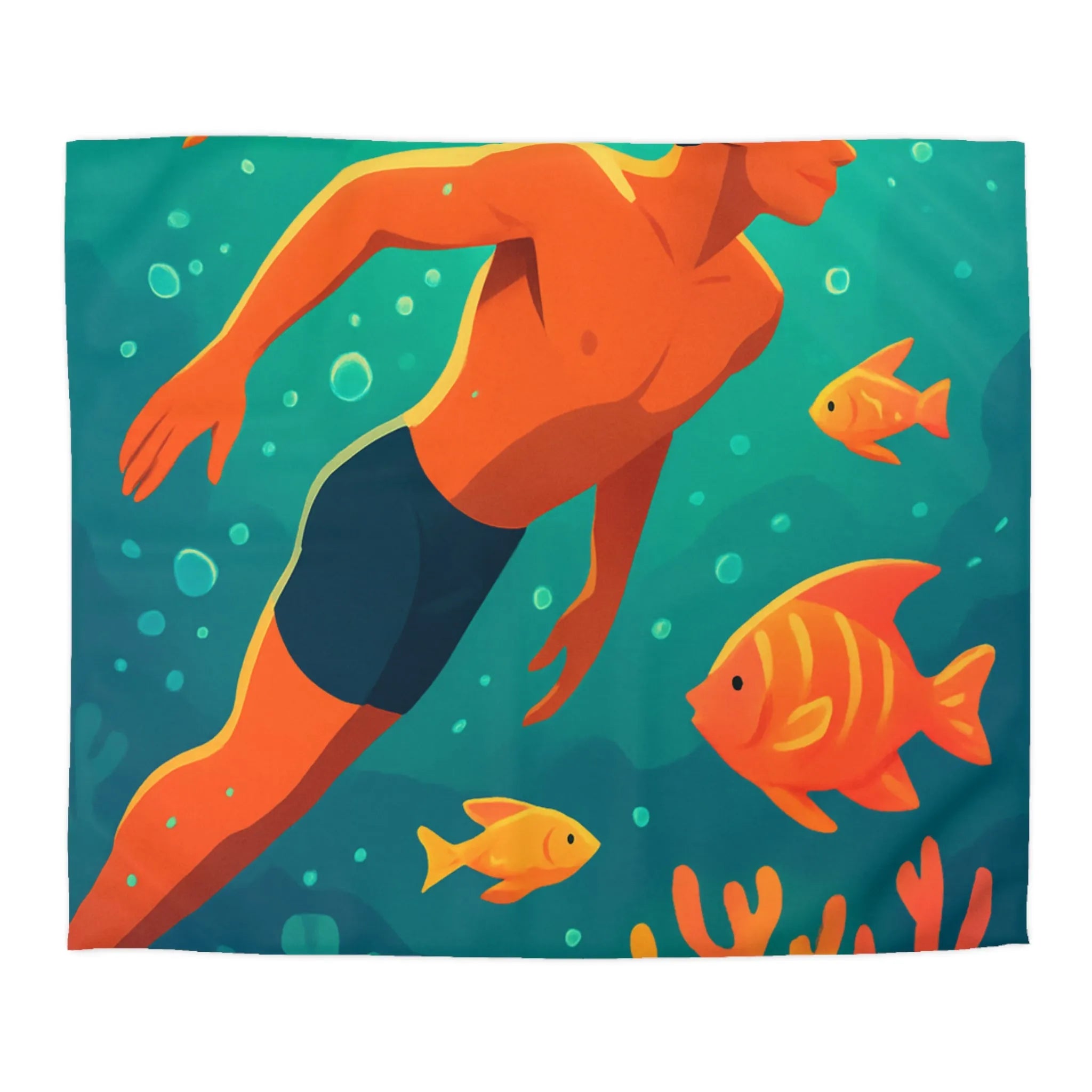 Housse de couette avec motif nageur et poissons tropicaux vifs pour chambre apaisante