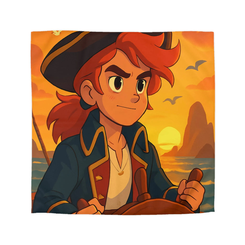 Housse de couette avec illustration pirate dessin animé, navire au coucher du soleil