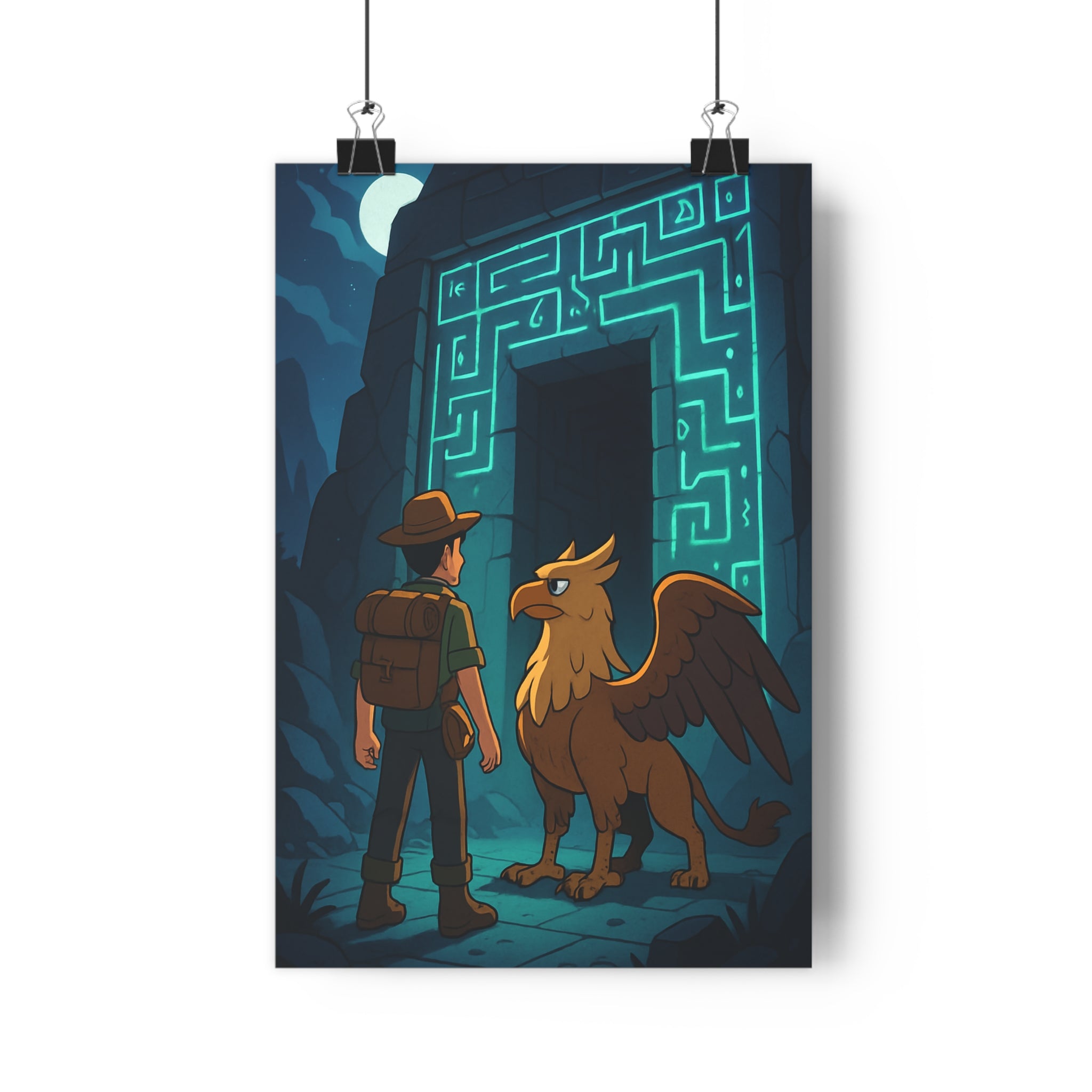 Poster décoratif mystique griffon aventurier labyrinthe runes bleu marron nocturne mythologique bureau artistique ambiance
