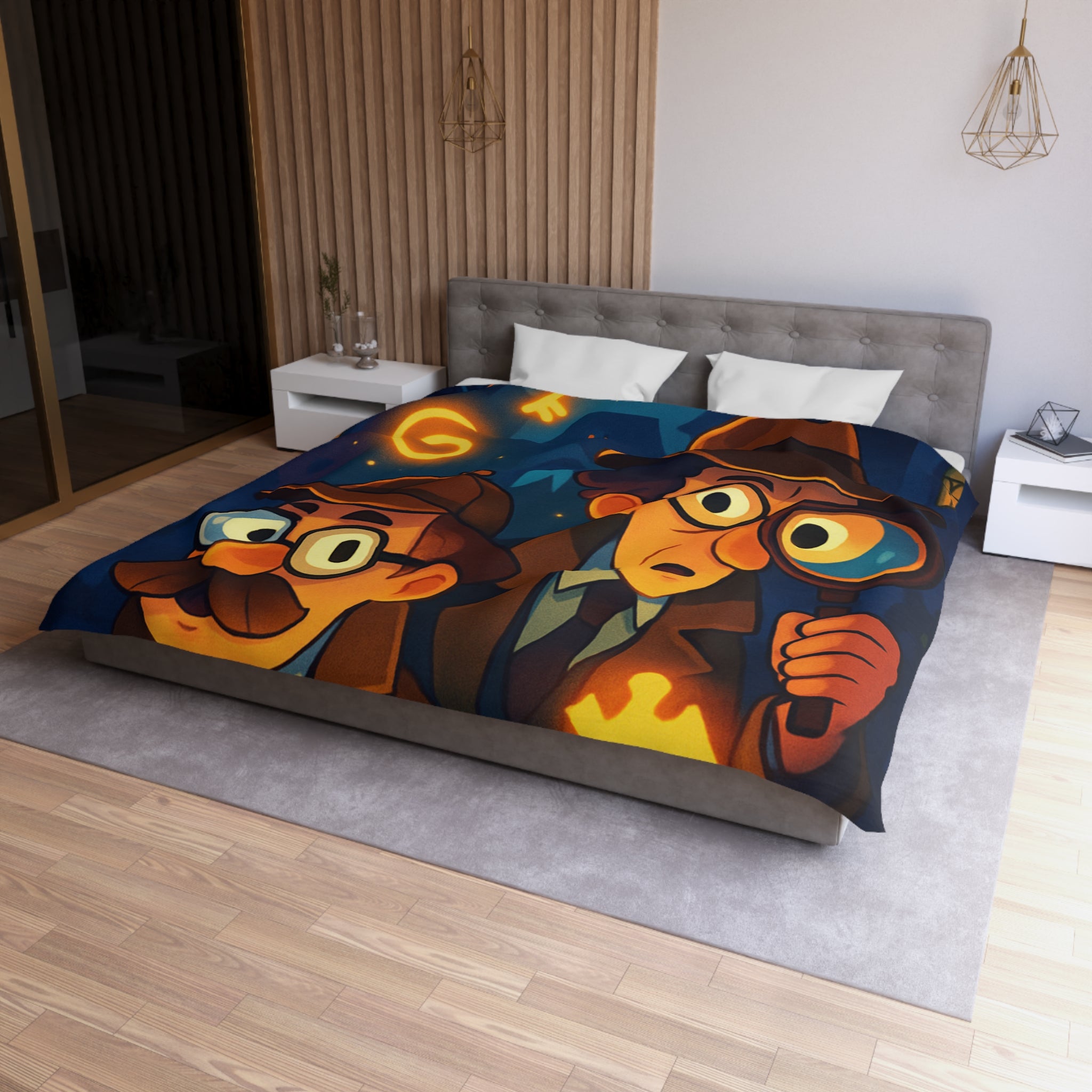 Housse de couette mystérieuse avec détectives sous un ciel étoilé, lunettes et loupe