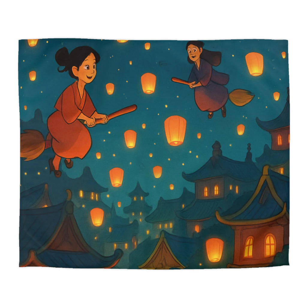 Housse de Couette Magique avec Sorcières Volantes et Lanternes dans le Ciel Nocturne