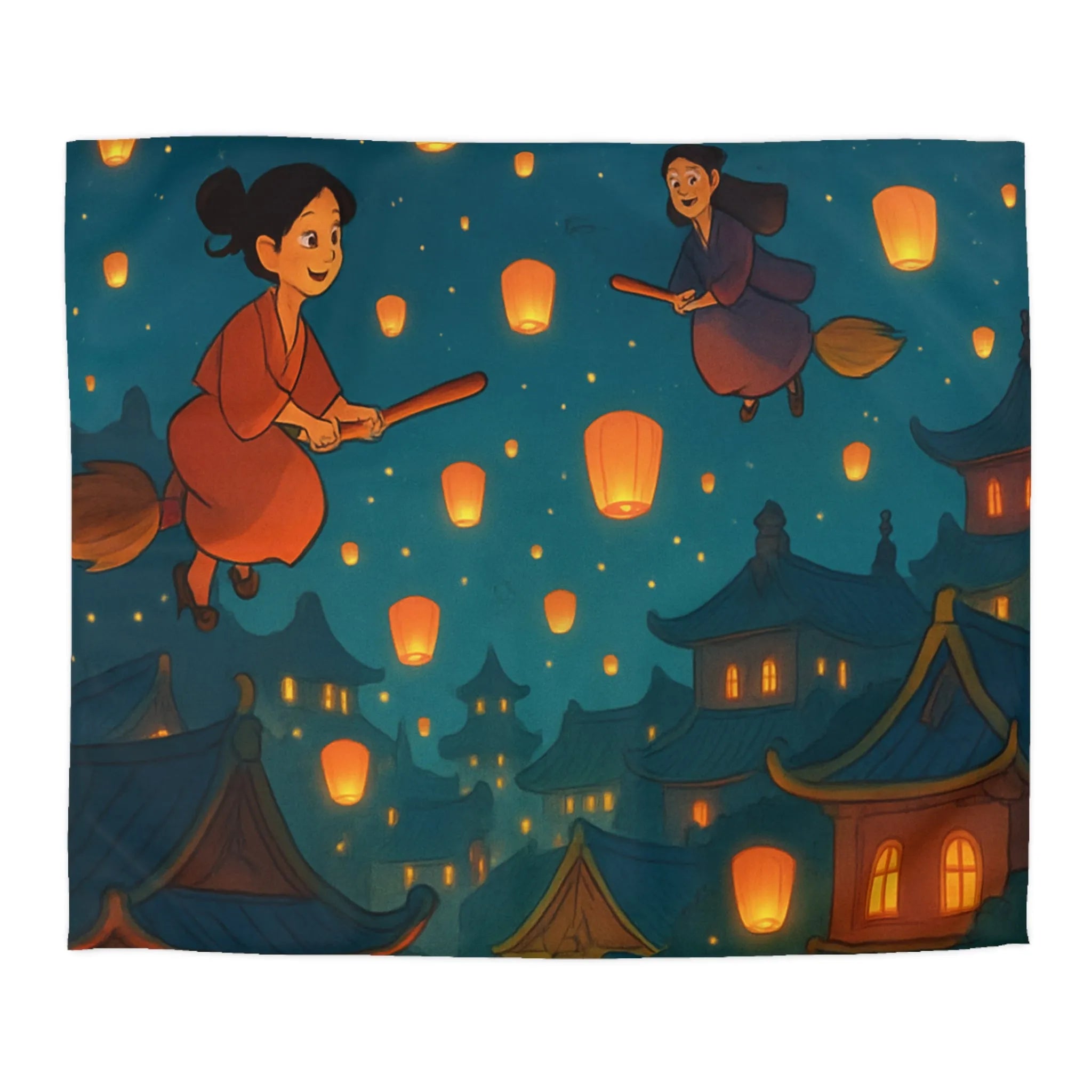 Housse de Couette Magique avec Sorcières Volantes et Lanternes dans le Ciel Nocturne