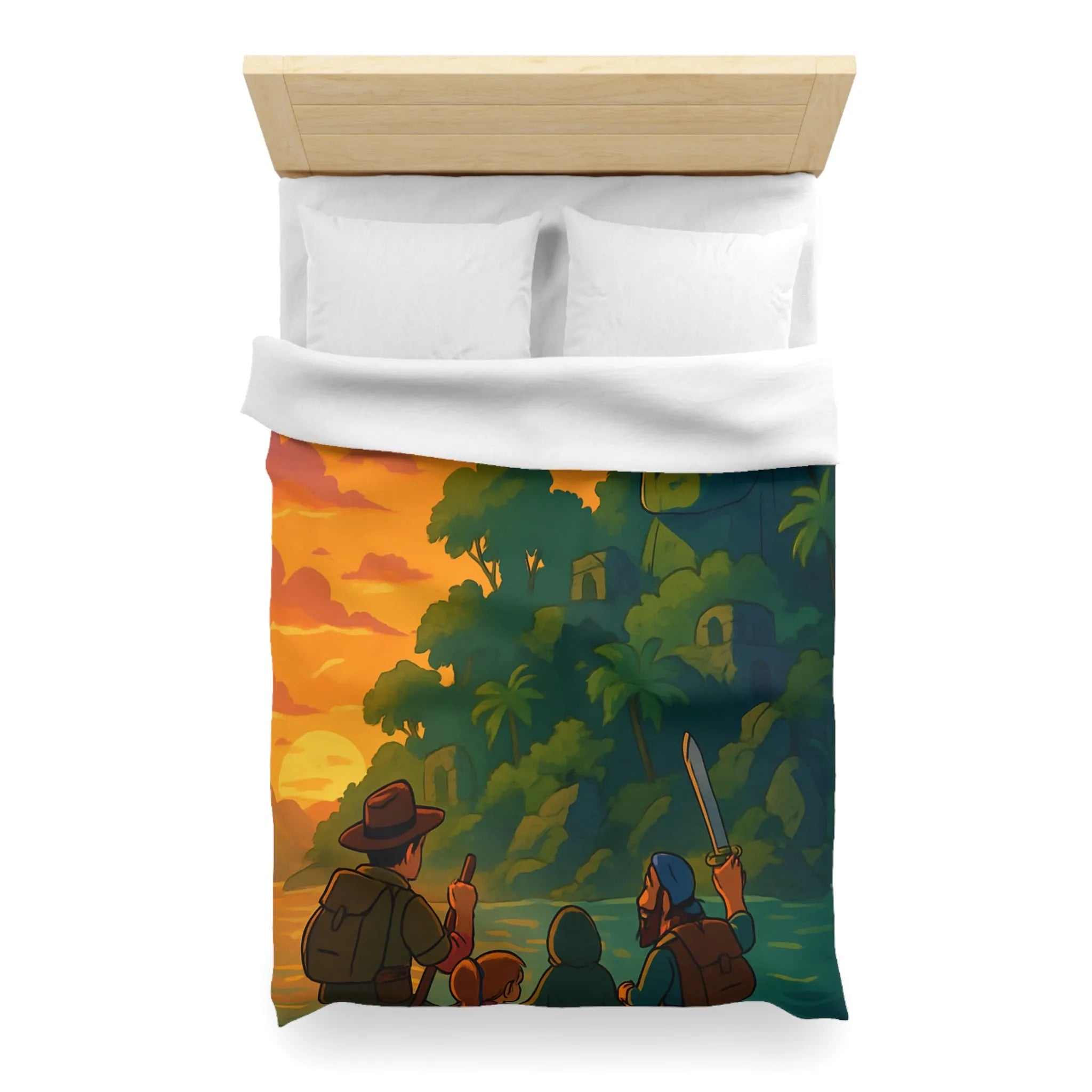 Housse de couette aventureuse avec scène tropicale au coucher du soleil et ruines mystérieuses