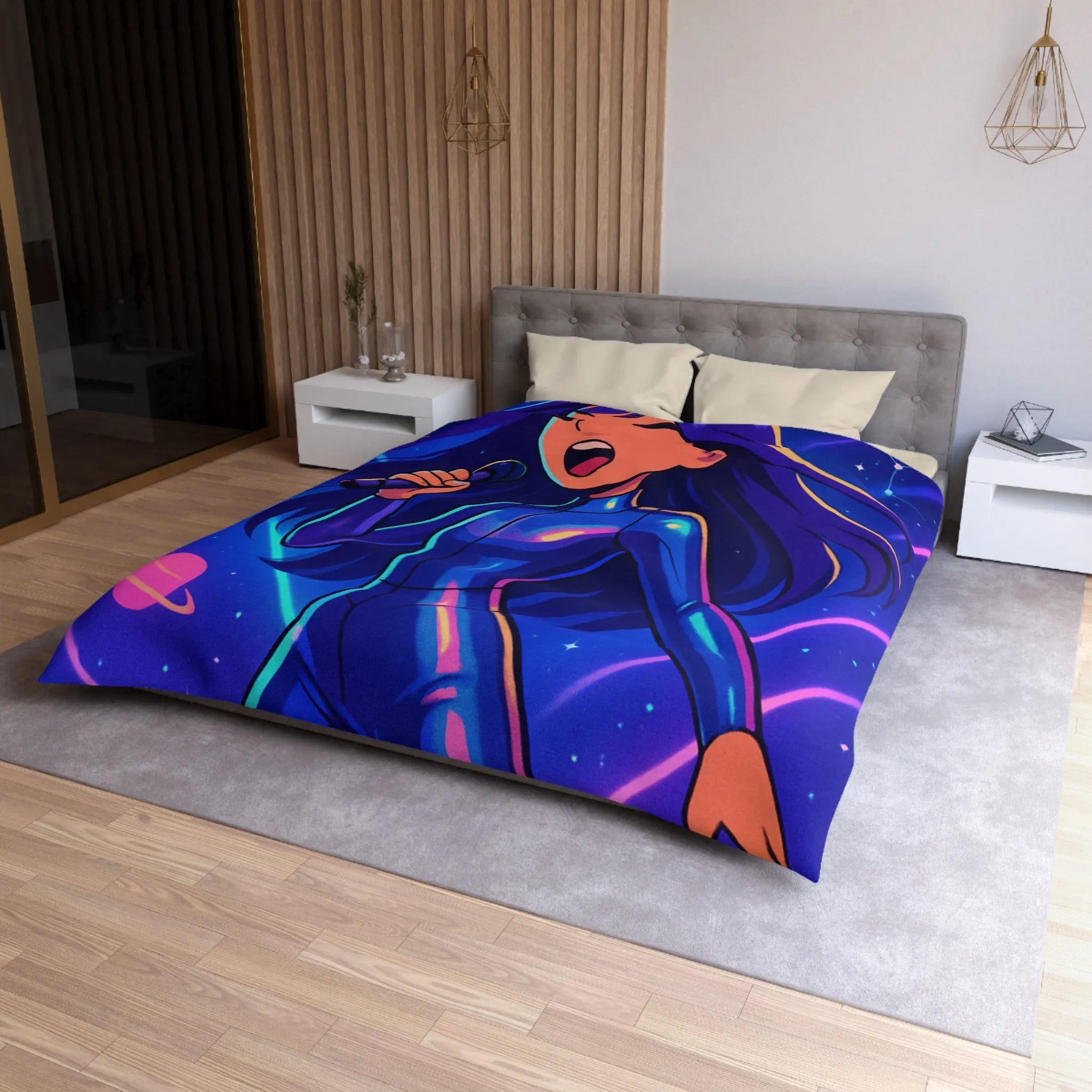 "Housse de couette galaxie: chanteuse en combinaison bleue avec planètes et étoiles brillantes"