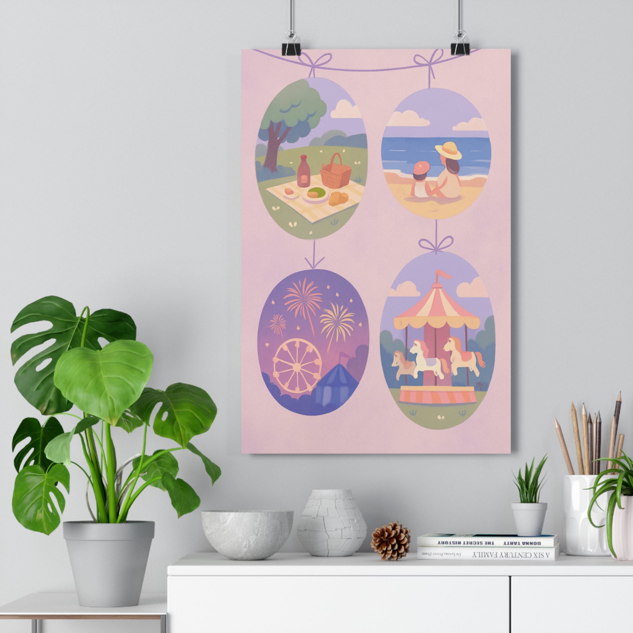 Poster décoratif nostalgique pastel cartoon joyeux chambre salon art mural rêveur ambiance chaleureuse qualité