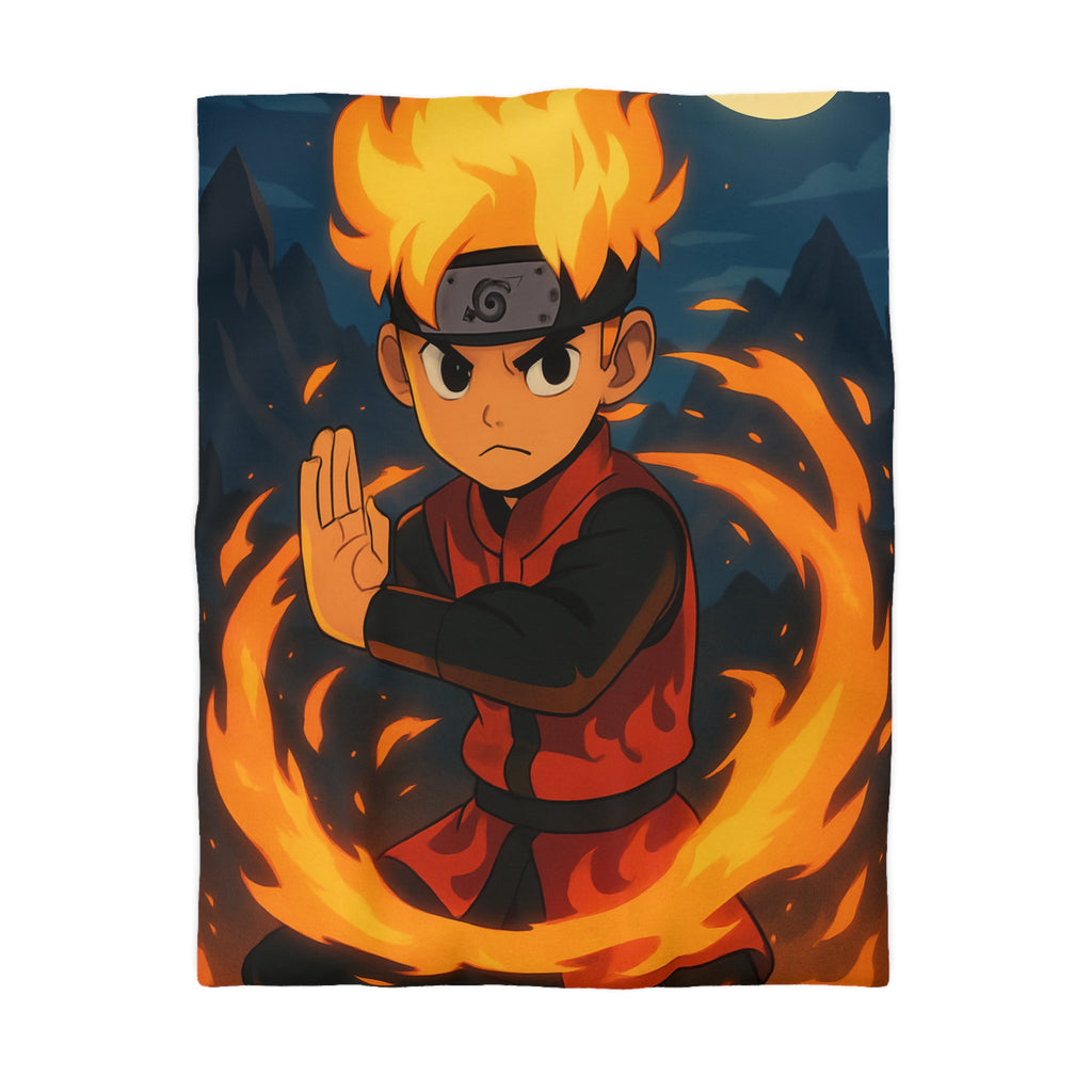 Housse de couette stylée avec enfant maîtrise le feu sous une pleine lune mystique