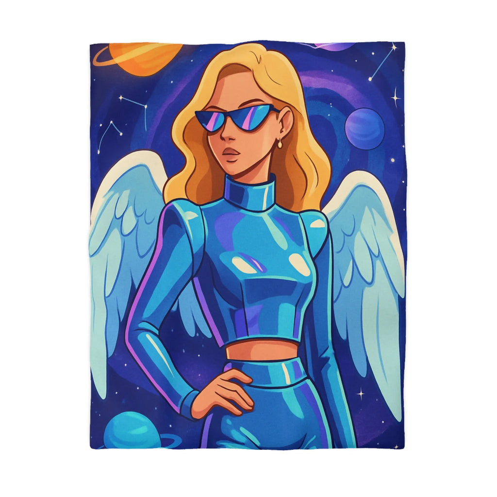 Housse de couette galactique avec ange moderne et planètes, style futuriste coloré