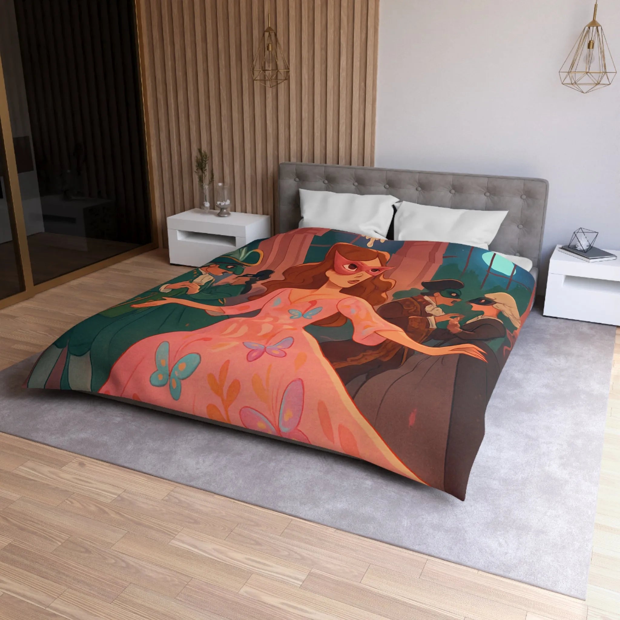 Housse de Couette Élégante avec Femmes Masquées et Papillons dans Bal Éthéré