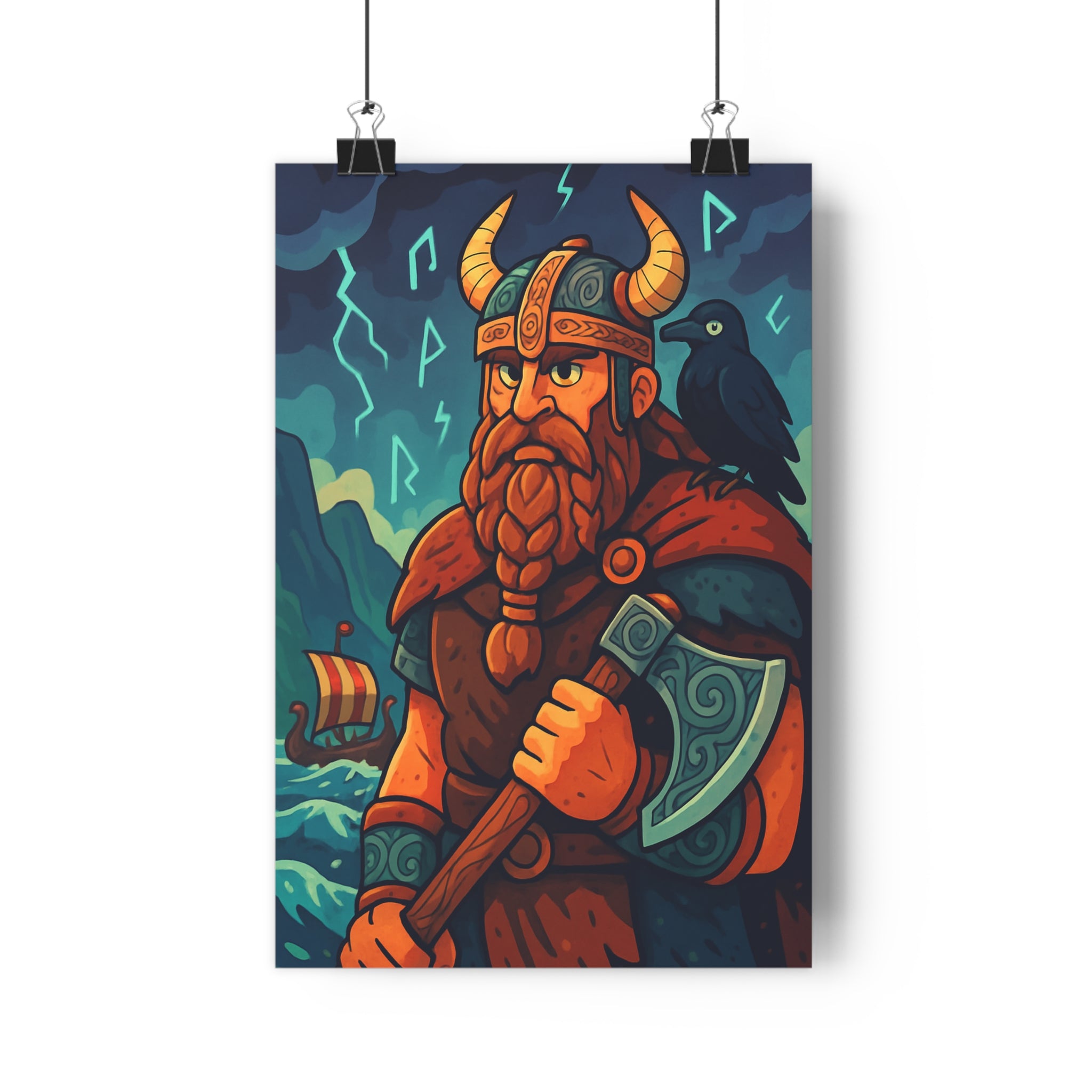 Poster décoratif cartoon bleu mystique guerrier nordique aventure chambre salon art mural unique qualité