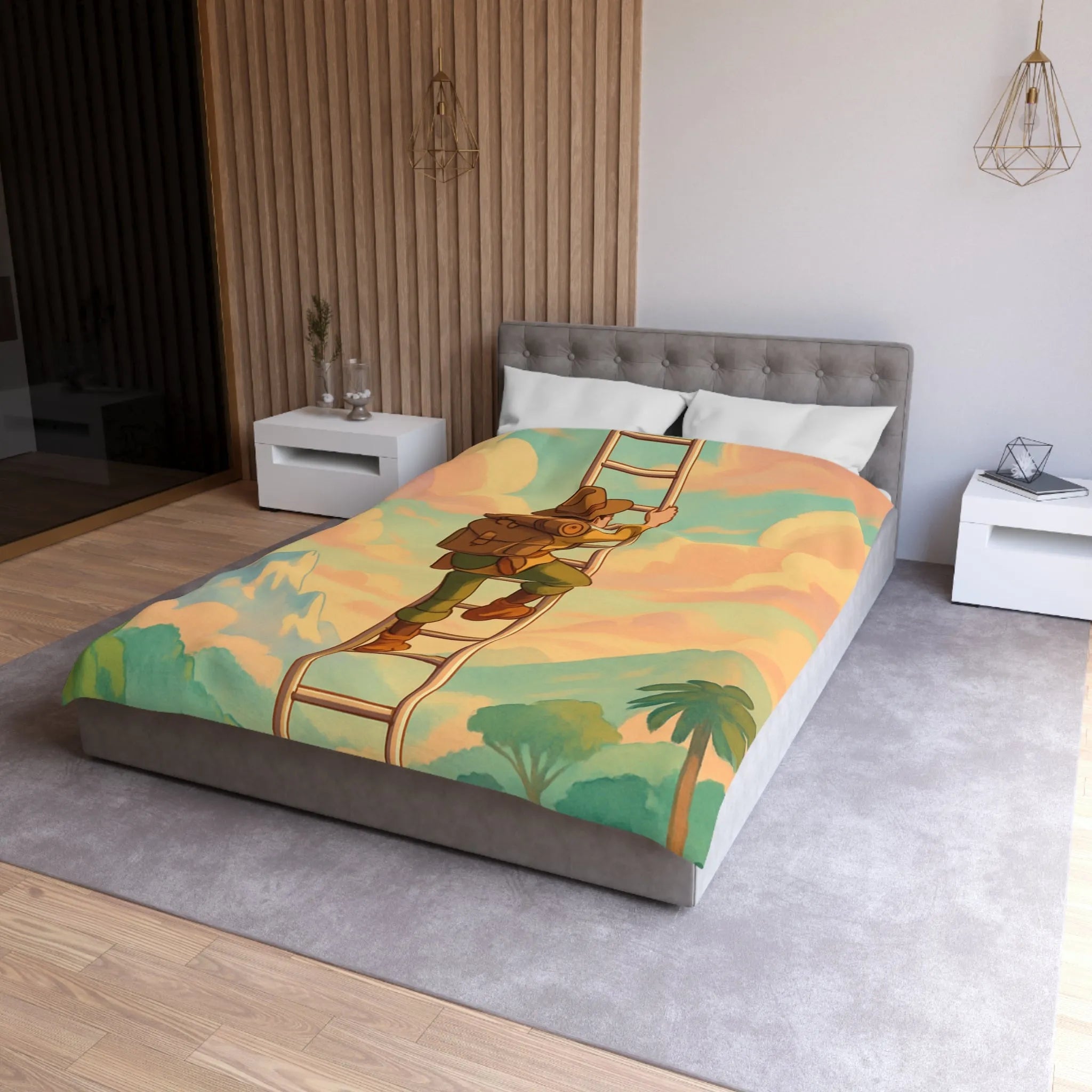 Housse de couette avec aventurier grimpant échelle vers ciel pastel et montagnes lointaines