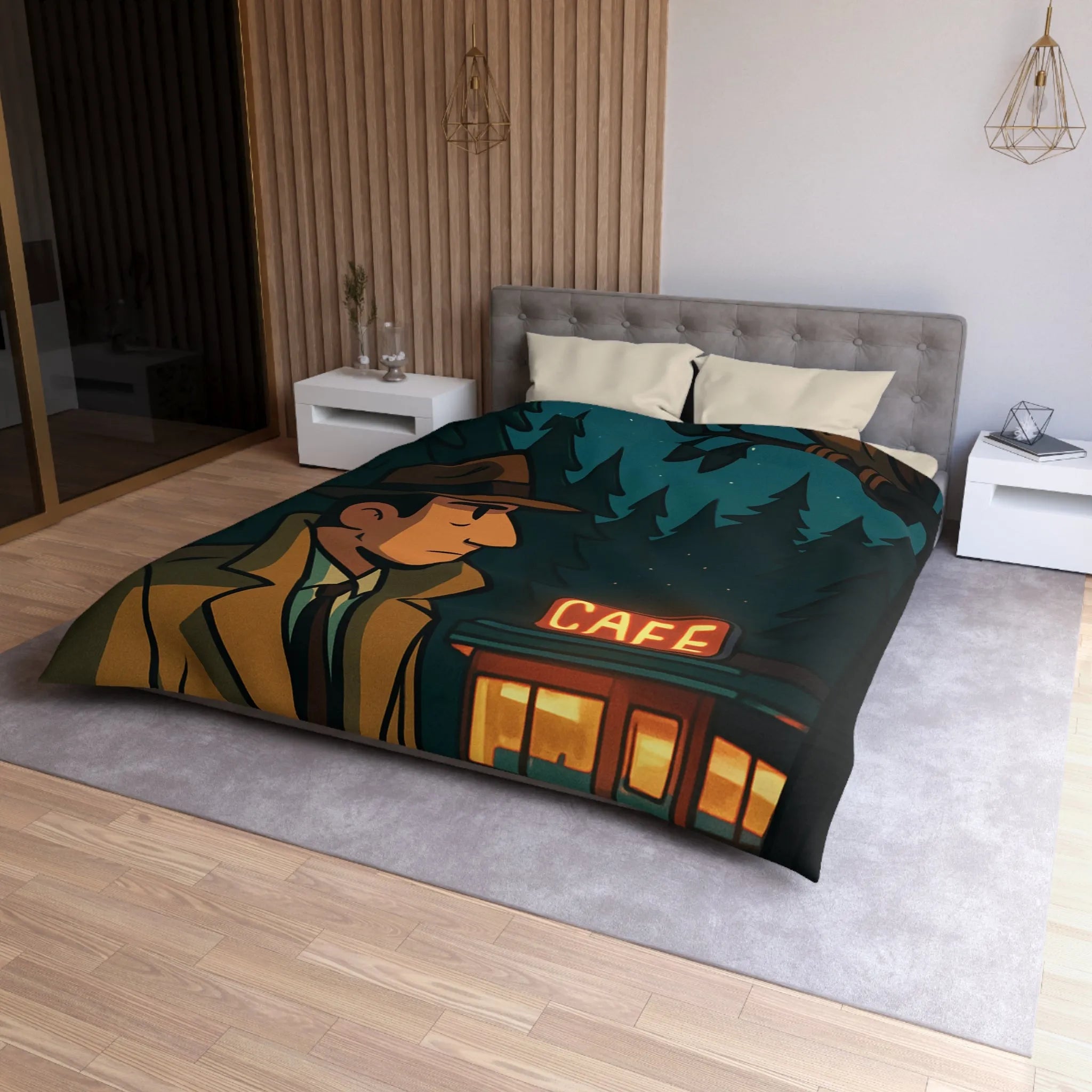 Housse de couette illustrée détective vintage, hibou mystérieux, forêt nocturne, café enchanteur