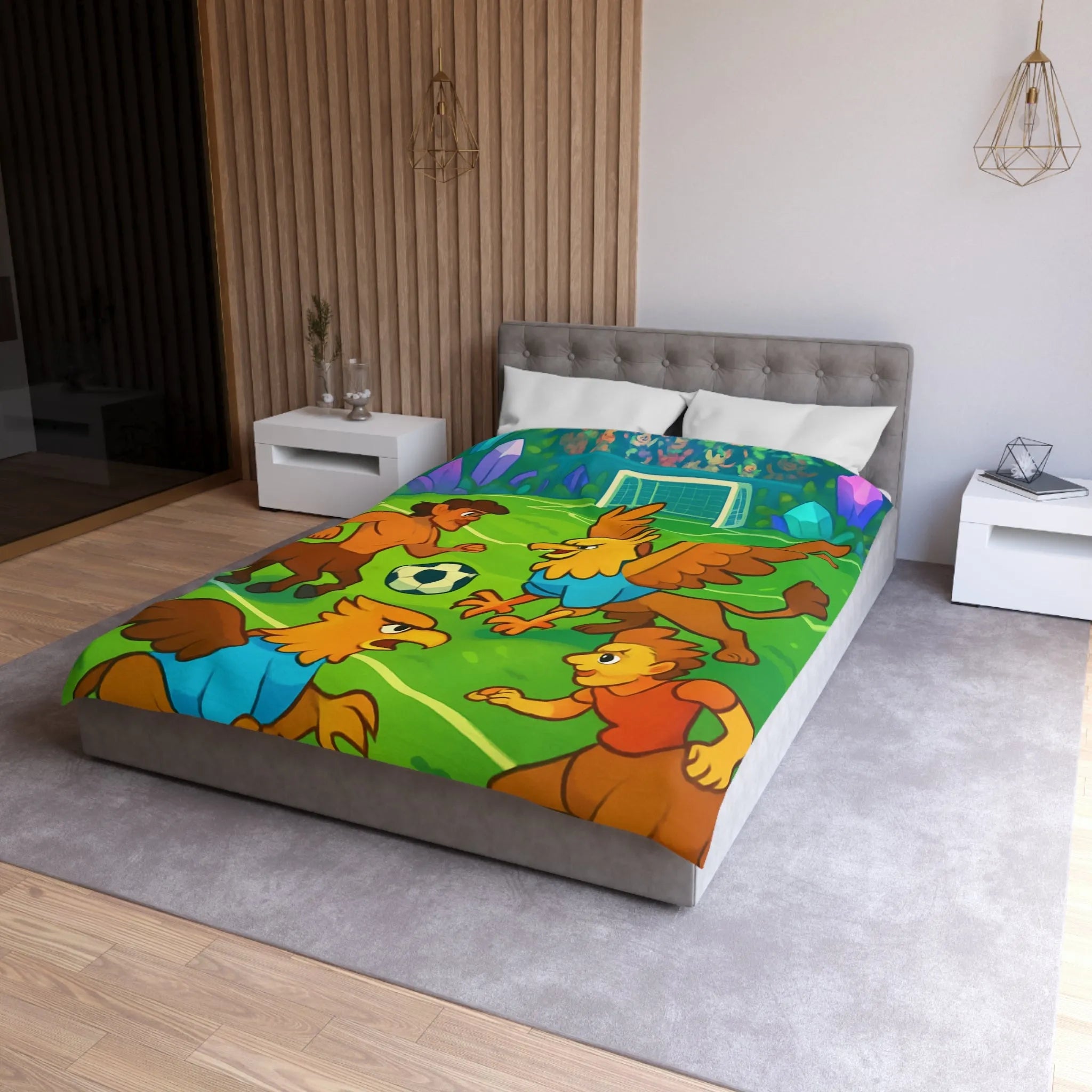 Housse de couette football fantastique avec centaures et griffons sur terrain magique