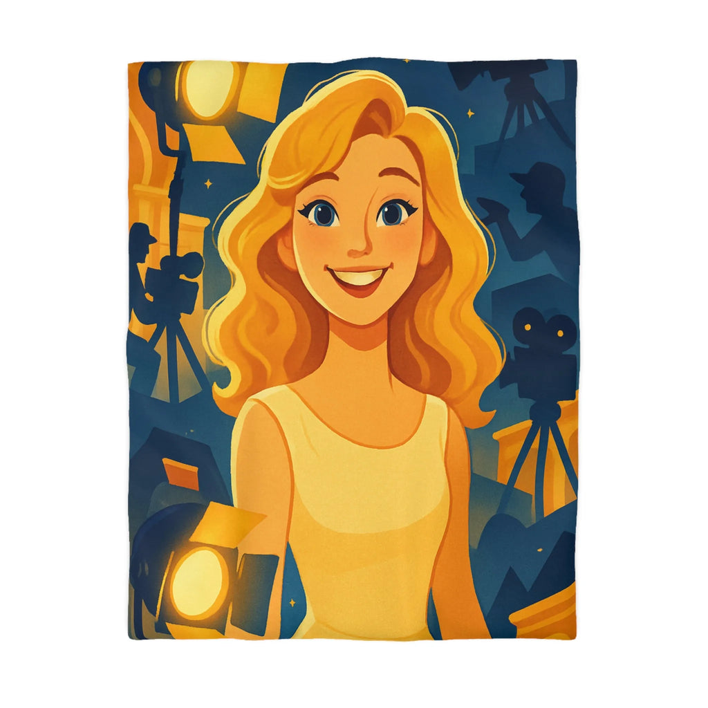 Housse de couette avec scène de tournage glamour et personnages stylisés illuminés